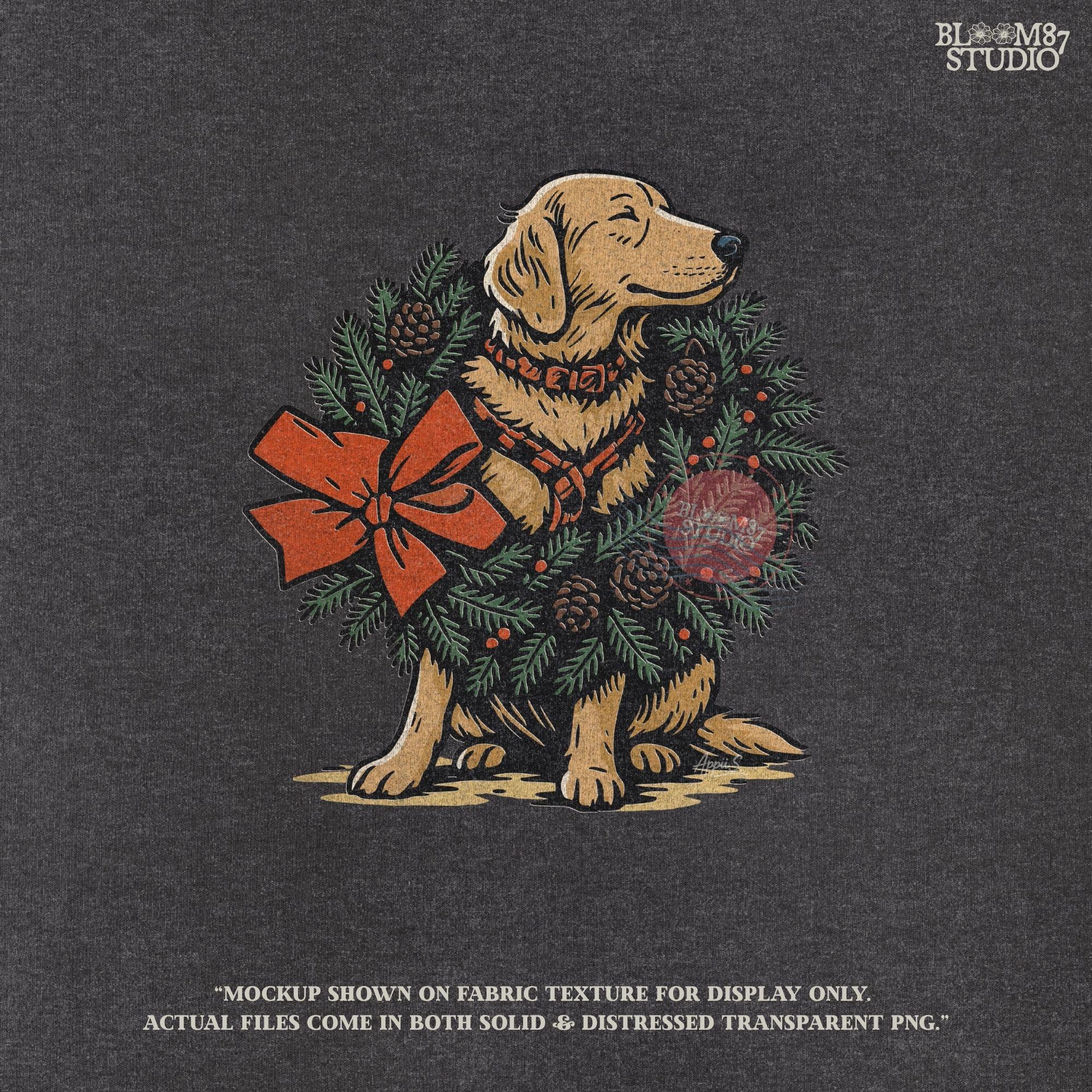 Solid Version: "Golden Labrador dog sitting inside a Christmas pine wreath decorated with pinecones, red berries, and a large red bow, festive PNG design"
Distressed Version: "Vintage-style distressed PNG of Labrador in holiday wreath with red bow and pine elements, rustic sublimation graphic for Christmas crafts"