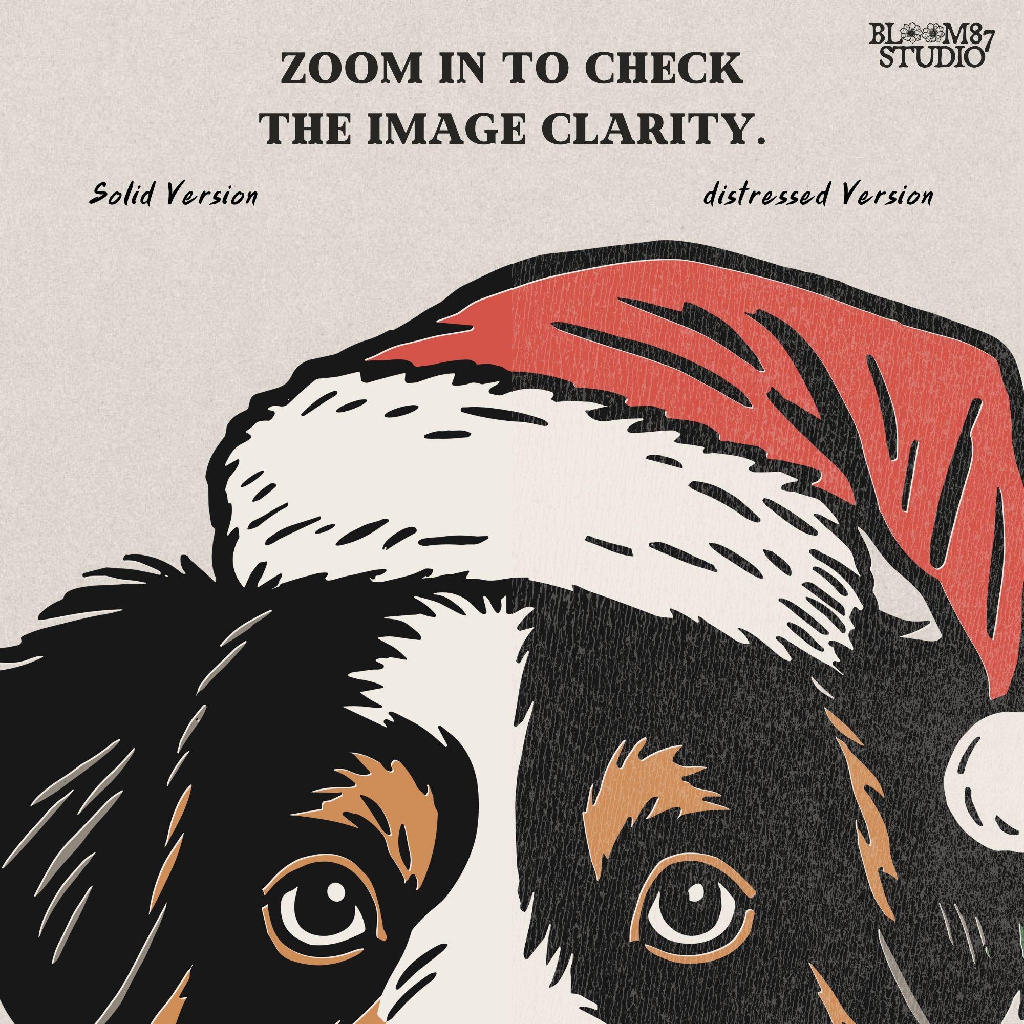 Solid Version: "Bernese Mountain Dog wearing Santa hat with holly leaves and red berries, festive Christmas PNG design for sublimation projects"
Distressed Version: "Vintage distressed PNG of Bernese Mountain Dog in Santa hat with holly accents, rustic holiday sublimation design for mugs, shirts, and crafts"