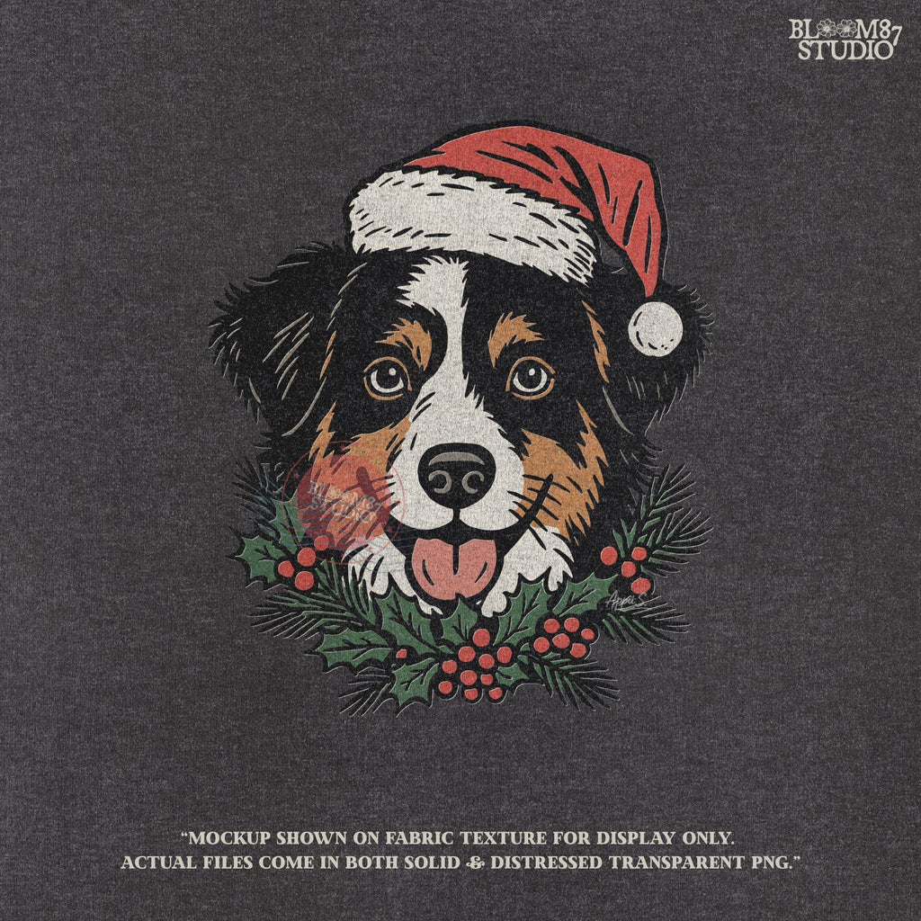 Solid Version: "Bernese Mountain Dog wearing Santa hat with holly leaves and red berries, festive Christmas PNG design for sublimation projects"
Distressed Version: "Vintage distressed PNG of Bernese Mountain Dog in Santa hat with holly accents, rustic holiday sublimation design for mugs, shirts, and crafts"