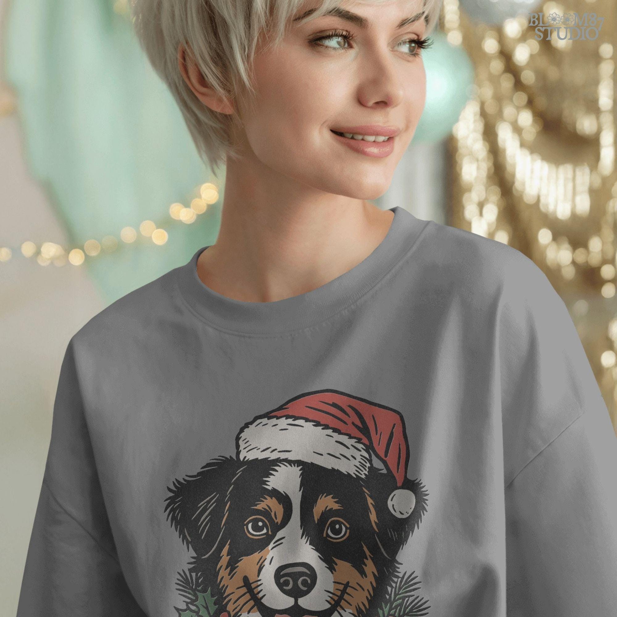 Solid Version: "Bernese Mountain Dog wearing Santa hat with holly leaves and red berries, festive Christmas PNG design for sublimation projects"
Distressed Version: "Vintage distressed PNG of Bernese Mountain Dog in Santa hat with holly accents, rustic holiday sublimation design for mugs, shirts, and crafts"