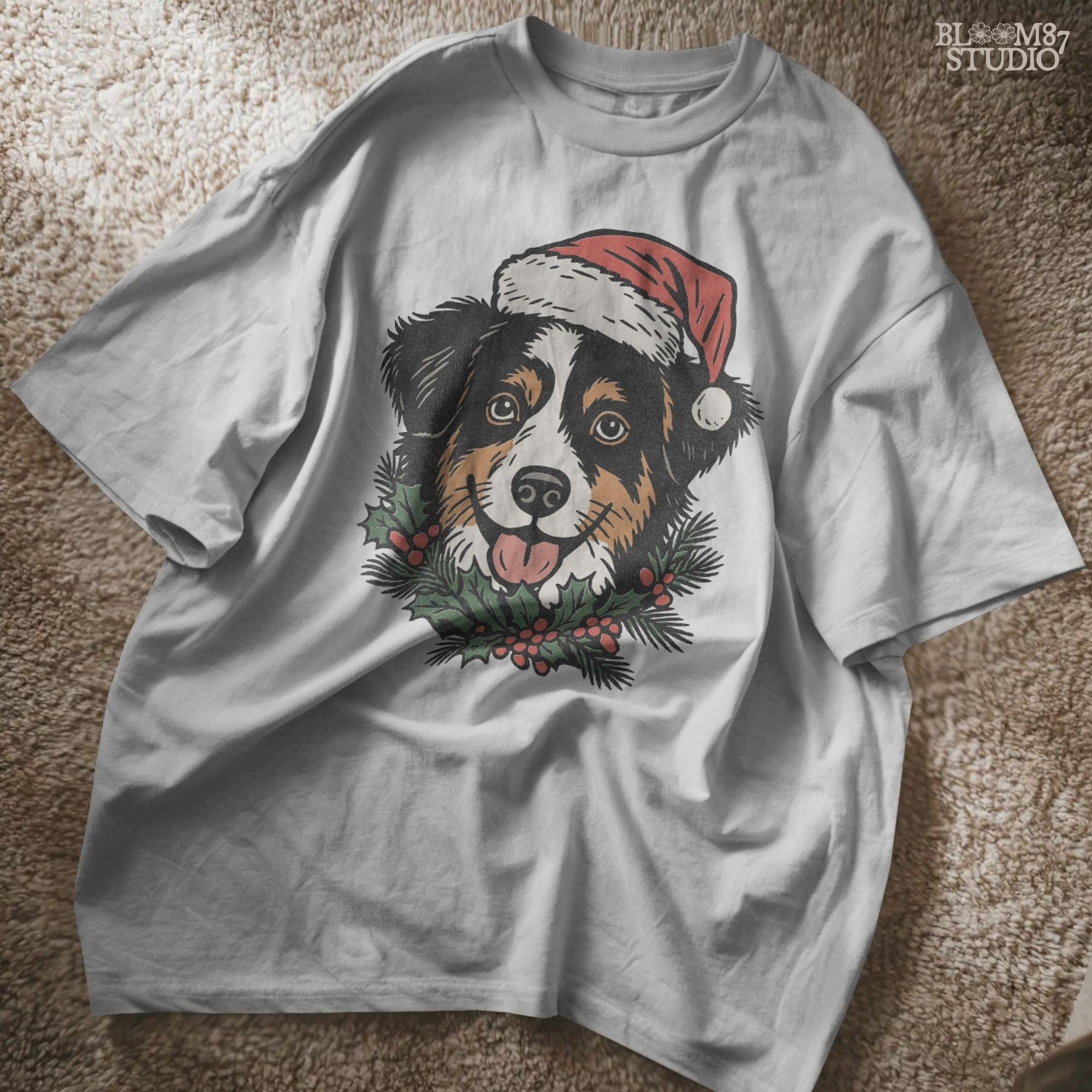 Solid Version: "Bernese Mountain Dog wearing Santa hat with holly leaves and red berries, festive Christmas PNG design for sublimation projects"
Distressed Version: "Vintage distressed PNG of Bernese Mountain Dog in Santa hat with holly accents, rustic holiday sublimation design for mugs, shirts, and crafts"