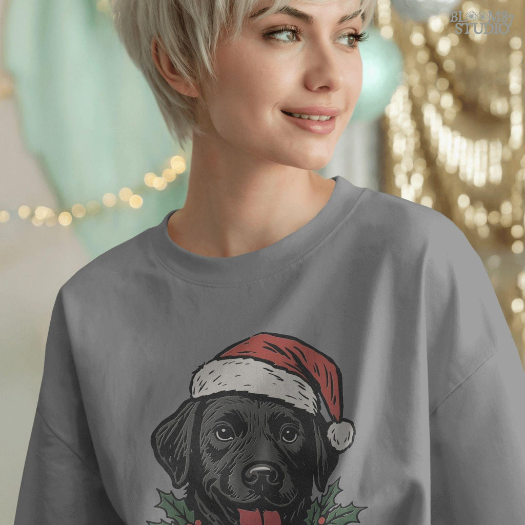 Solid Version: "Black Labrador dog wearing a Santa hat with holly leaves and berries under chin, festive PNG design for Christmas sublimation projects"
Distressed Version: "Vintage distressed PNG of Black Labrador in Santa hat with holly accents, rustic Christmas sublimation design for shirts, mugs, and crafts"