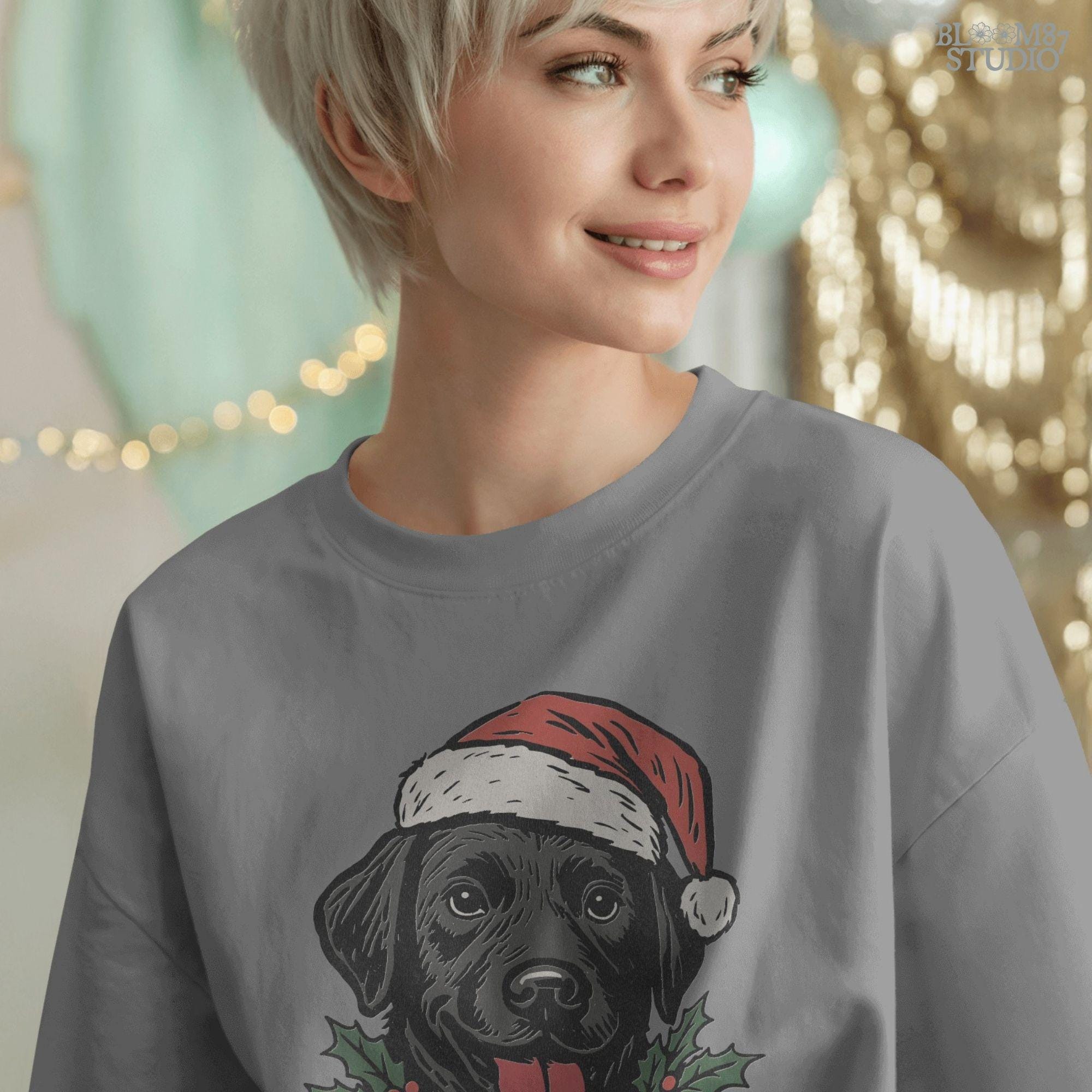 Solid Version: "Black Labrador dog wearing a Santa hat with holly leaves and berries under chin, festive PNG design for Christmas sublimation projects"
Distressed Version: "Vintage distressed PNG of Black Labrador in Santa hat with holly accents, rustic Christmas sublimation design for shirts, mugs, and crafts"