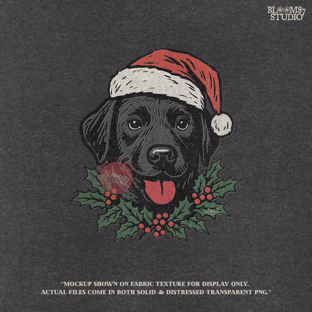 Solid Version: "Black Labrador dog wearing a Santa hat with holly leaves and berries under chin, festive PNG design for Christmas sublimation projects"
Distressed Version: "Vintage distressed PNG of Black Labrador in Santa hat with holly accents, rustic Christmas sublimation design for shirts, mugs, and crafts"