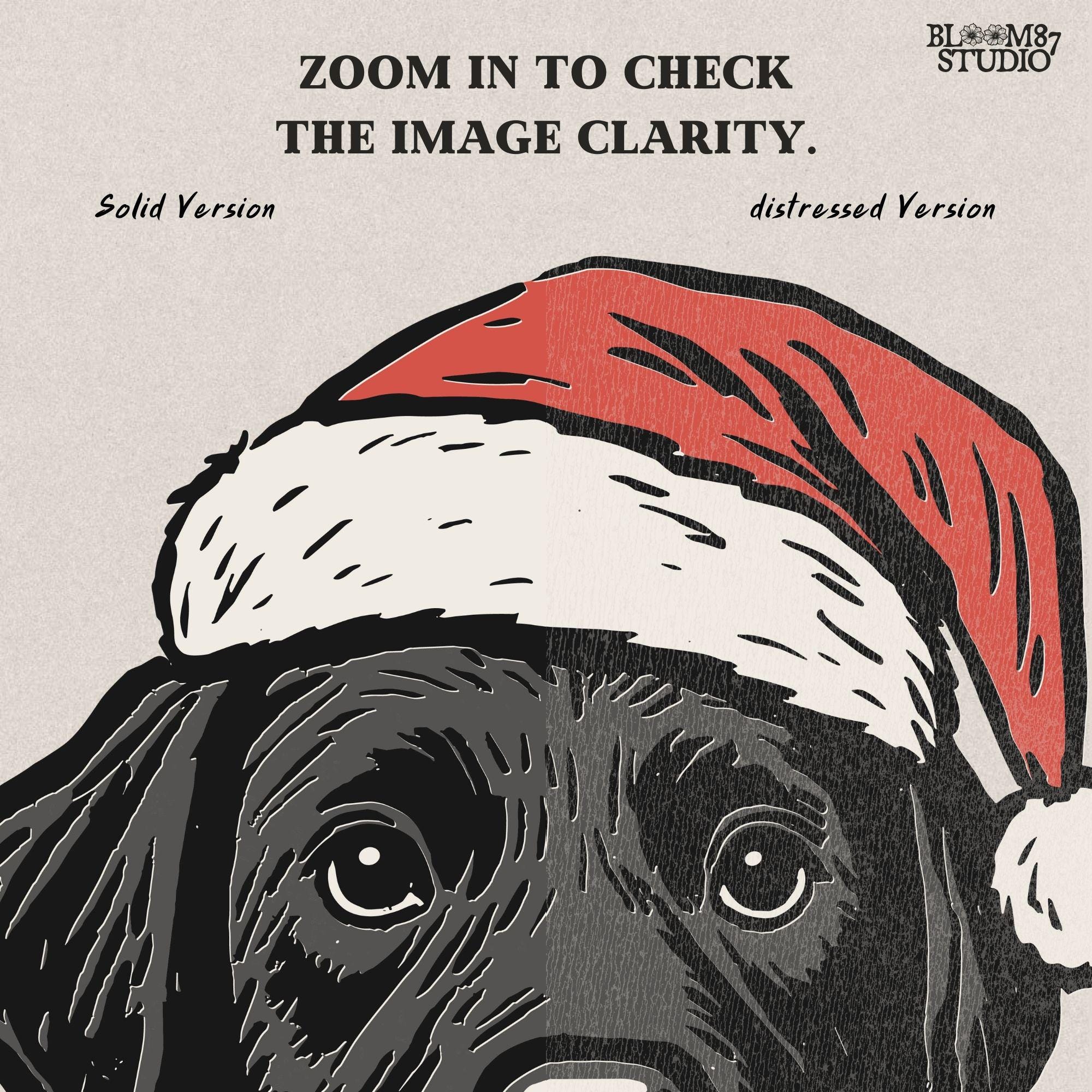 Solid Version: "Black Labrador dog wearing a Santa hat with holly leaves and berries under chin, festive PNG design for Christmas sublimation projects"
Distressed Version: "Vintage distressed PNG of Black Labrador in Santa hat with holly accents, rustic Christmas sublimation design for shirts, mugs, and crafts"