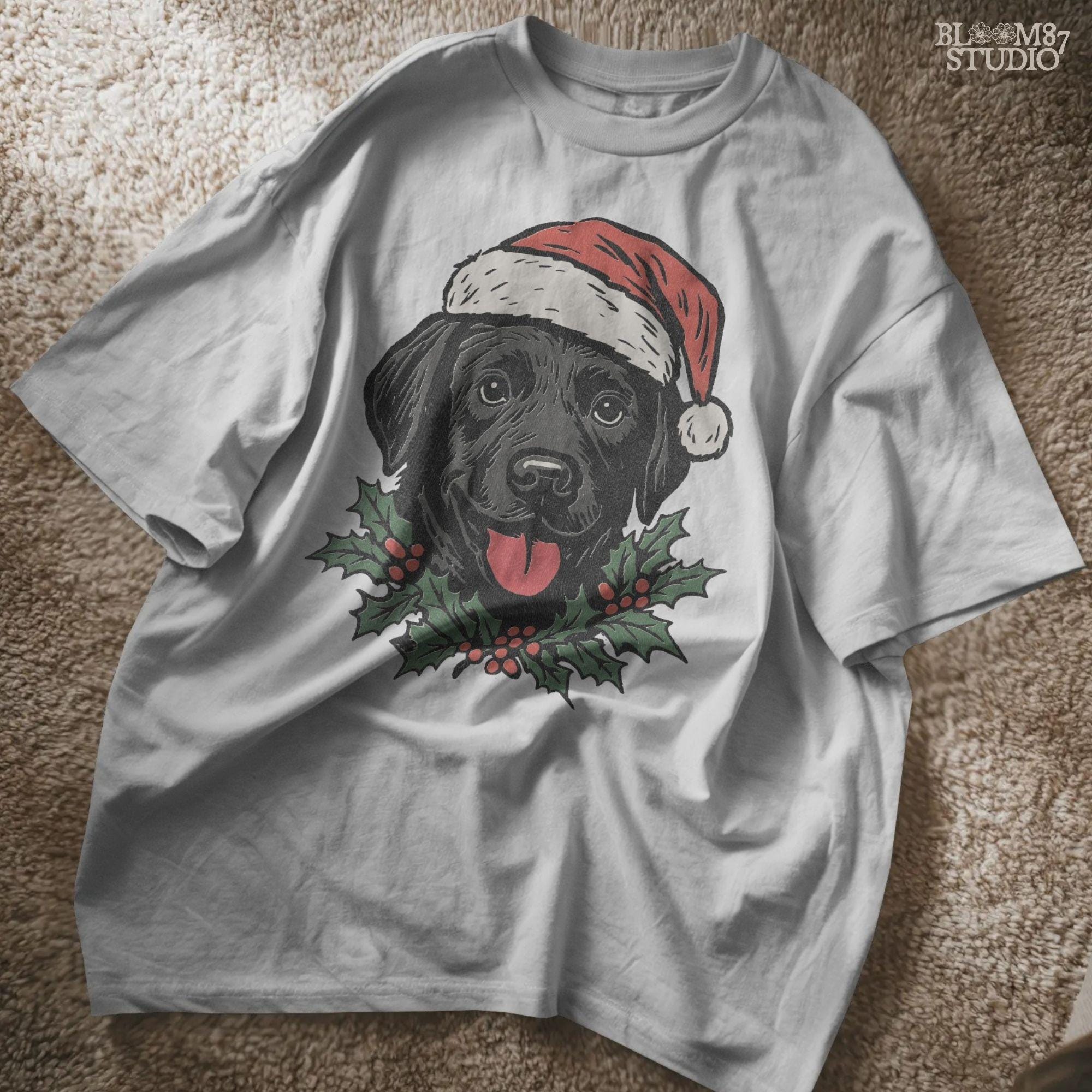 Solid Version: "Black Labrador dog wearing a Santa hat with holly leaves and berries under chin, festive PNG design for Christmas sublimation projects"
Distressed Version: "Vintage distressed PNG of Black Labrador in Santa hat with holly accents, rustic Christmas sublimation design for shirts, mugs, and crafts"