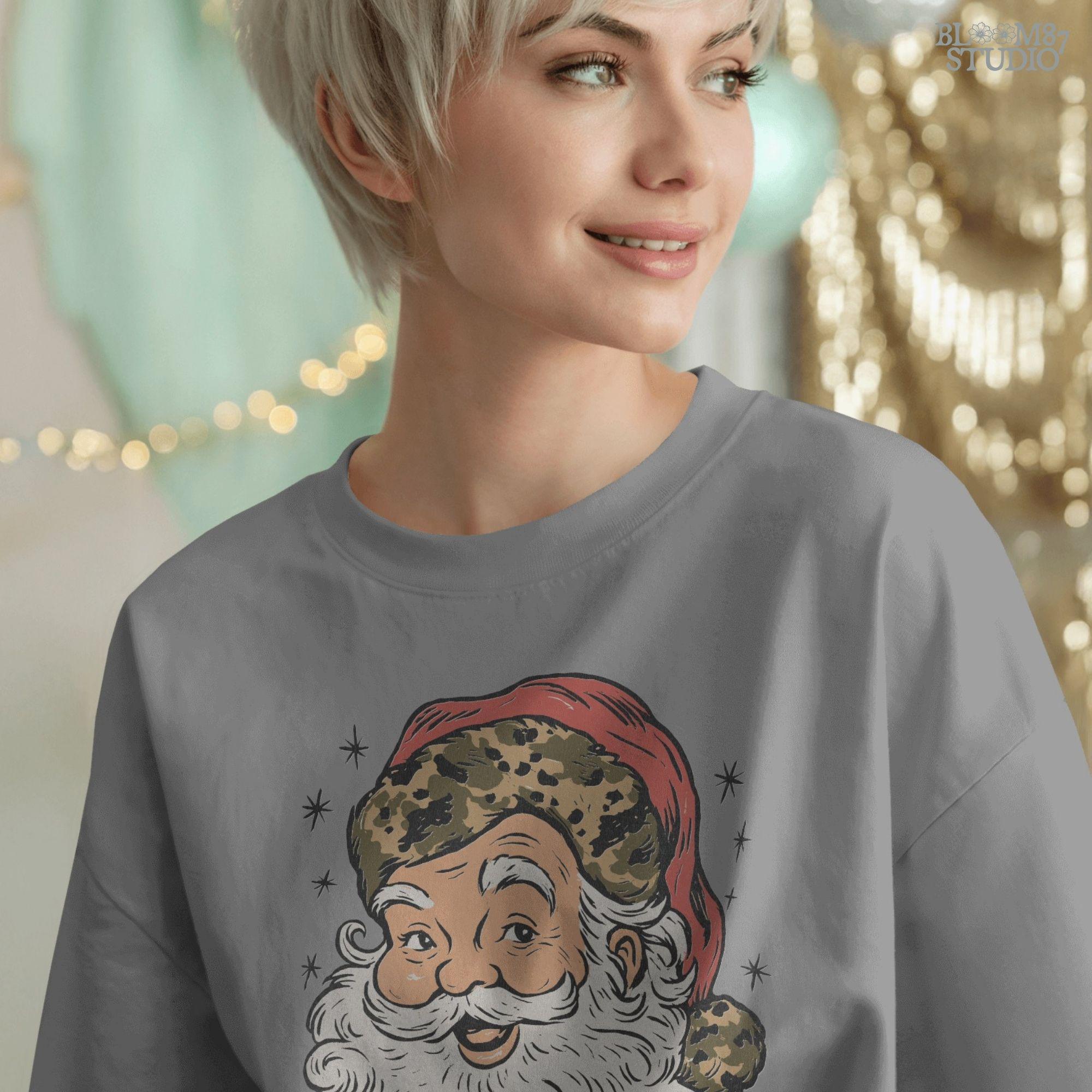 Solid Version: "Vintage Santa Claus face with white beard and red hat trimmed in leopard print fur, retro Christmas PNG design for sublimation projects"
Distressed Version: "Distressed retro-style PNG of Santa Claus with leopard print hat, rustic vintage sublimation design for holiday shirts, mugs, and crafts"
