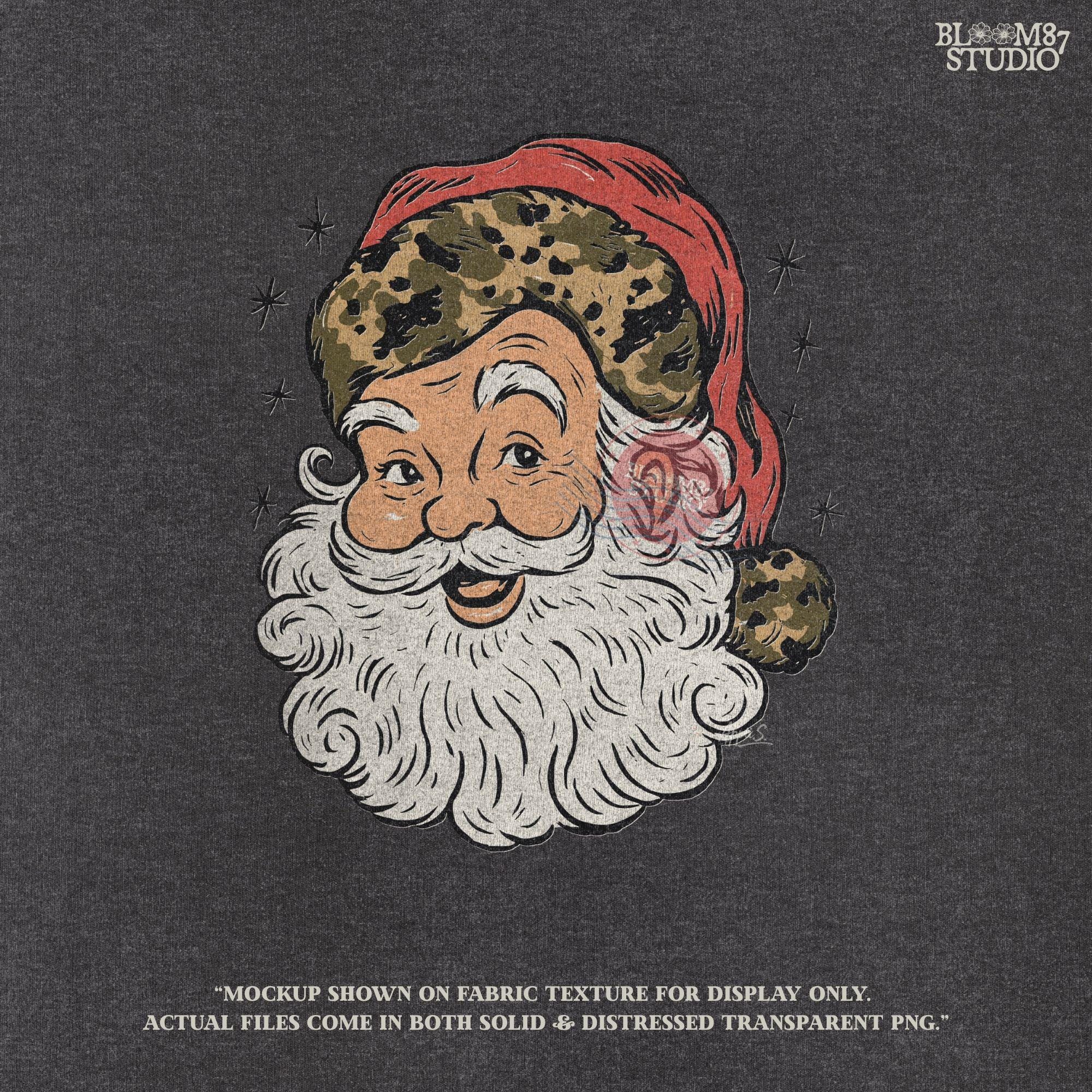 Solid Version: "Vintage Santa Claus face with white beard and red hat trimmed in leopard print fur, retro Christmas PNG design for sublimation projects"
Distressed Version: "Distressed retro-style PNG of Santa Claus with leopard print hat, rustic vintage sublimation design for holiday shirts, mugs, and crafts"
