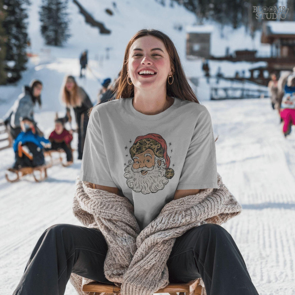 Solid Version: "Vintage Santa Claus face with white beard and red hat trimmed in leopard print fur, retro Christmas PNG design for sublimation projects"
Distressed Version: "Distressed retro-style PNG of Santa Claus with leopard print hat, rustic vintage sublimation design for holiday shirts, mugs, and crafts"