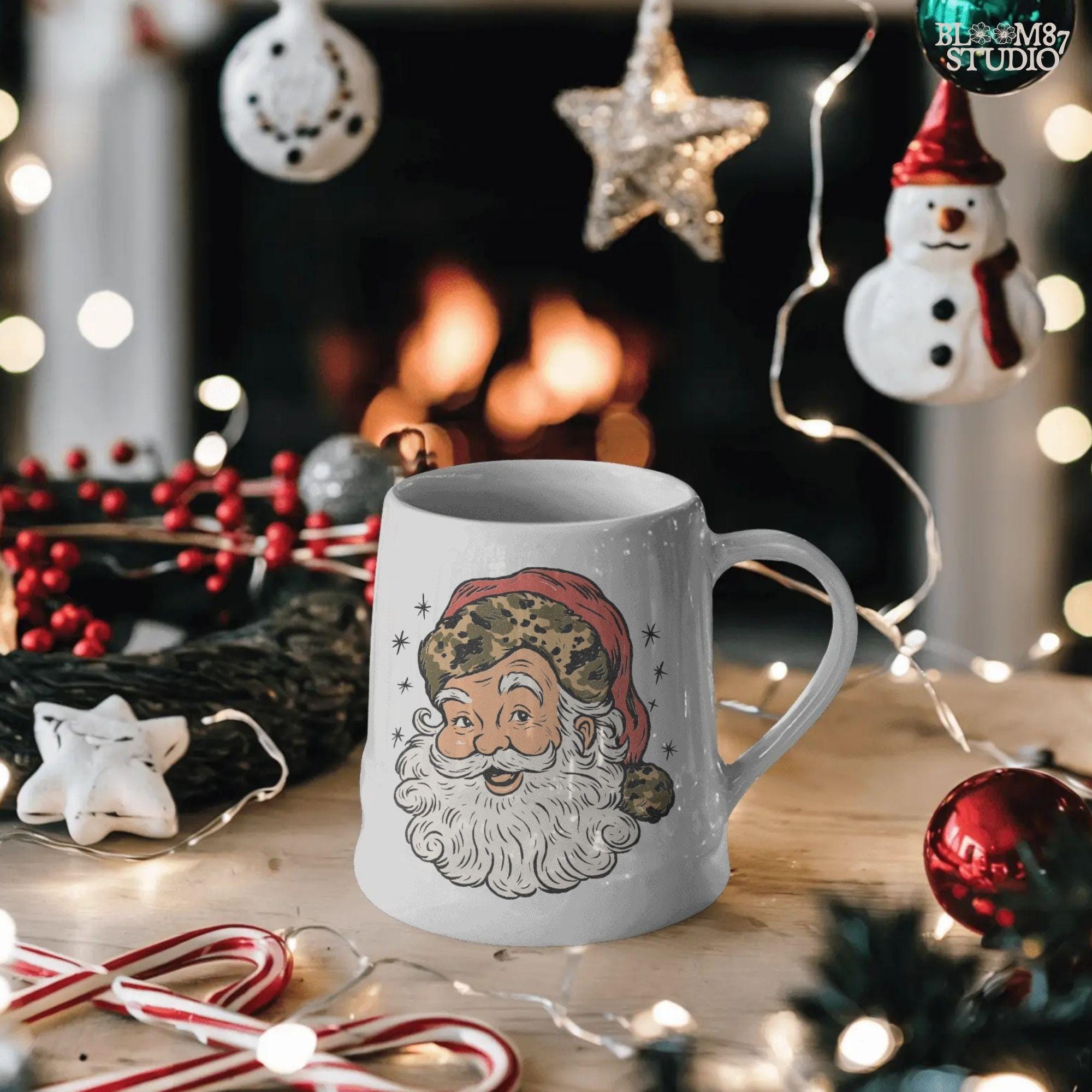 Solid Version: "Vintage Santa Claus face with white beard and red hat trimmed in leopard print fur, retro Christmas PNG design for sublimation projects"
Distressed Version: "Distressed retro-style PNG of Santa Claus with leopard print hat, rustic vintage sublimation design for holiday shirts, mugs, and crafts"