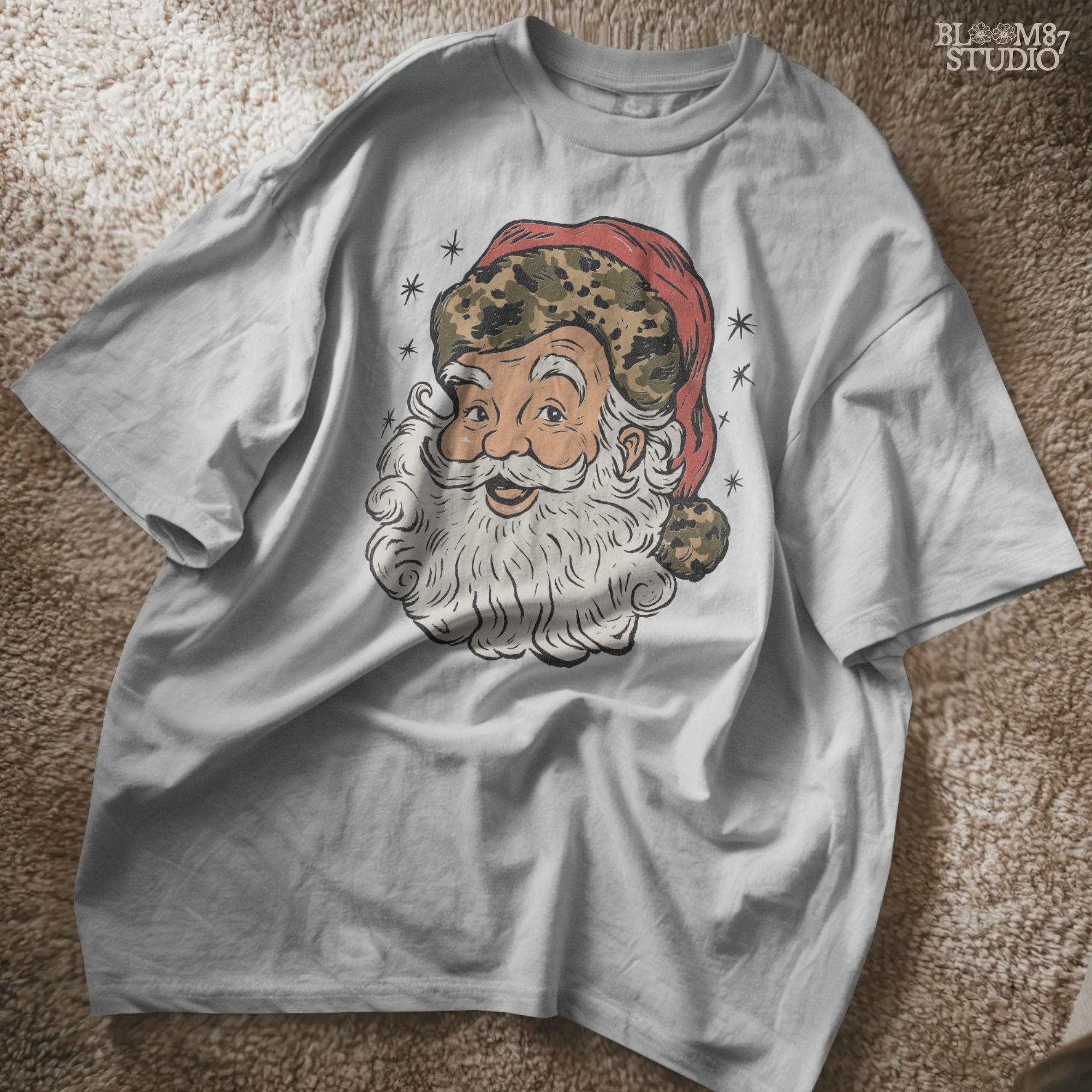 Solid Version: "Vintage Santa Claus face with white beard and red hat trimmed in leopard print fur, retro Christmas PNG design for sublimation projects"
Distressed Version: "Distressed retro-style PNG of Santa Claus with leopard print hat, rustic vintage sublimation design for holiday shirts, mugs, and crafts"