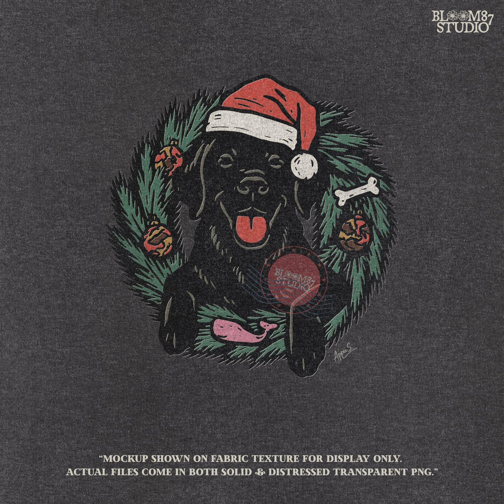 Solid Version: "Black Labrador dog wearing Santa hat sitting inside Christmas wreath with ornaments, bone, and greenery, festive PNG for sublimation"
Distressed Version: "Vintage distressed PNG of Black Labrador in Santa hat inside holiday wreath, rustic Christmas sublimation design for shirts, mugs, ornaments"
