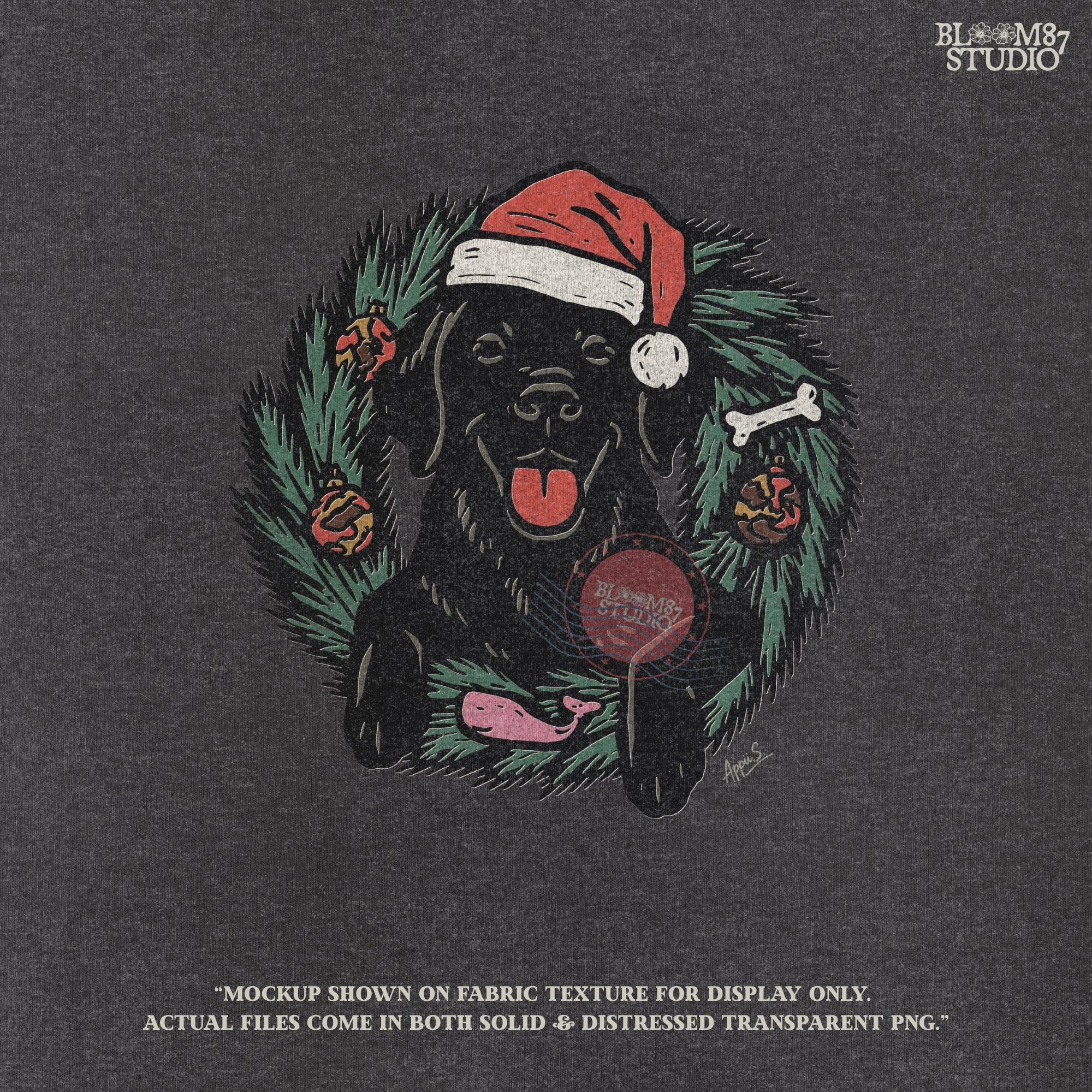 Solid Version: "Black Labrador dog wearing Santa hat sitting inside Christmas wreath with ornaments, bone, and greenery, festive PNG for sublimation"
Distressed Version: "Vintage distressed PNG of Black Labrador in Santa hat inside holiday wreath, rustic Christmas sublimation design for shirts, mugs, ornaments"