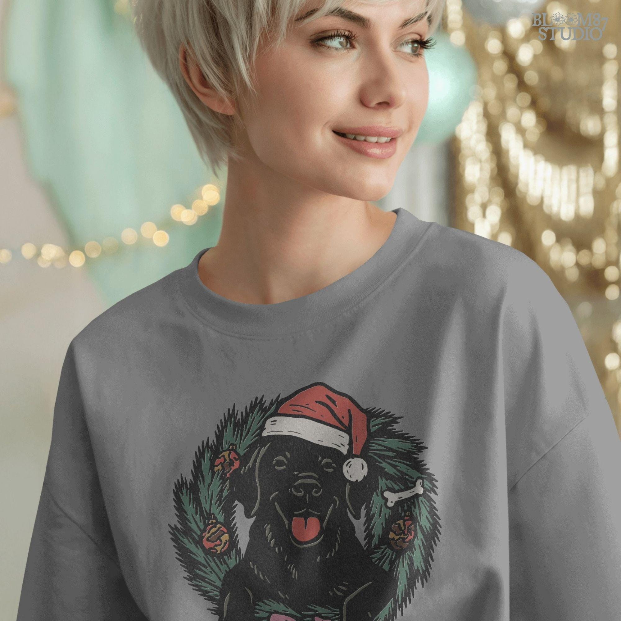 Solid Version: "Black Labrador dog wearing Santa hat sitting inside Christmas wreath with ornaments, bone, and greenery, festive PNG for sublimation"
Distressed Version: "Vintage distressed PNG of Black Labrador in Santa hat inside holiday wreath, rustic Christmas sublimation design for shirts, mugs, ornaments"