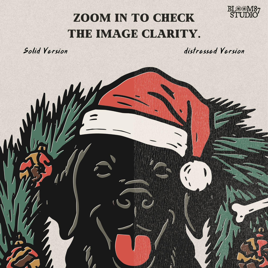 Solid Version: "Black Labrador dog wearing Santa hat sitting inside Christmas wreath with ornaments, bone, and greenery, festive PNG for sublimation"
Distressed Version: "Vintage distressed PNG of Black Labrador in Santa hat inside holiday wreath, rustic Christmas sublimation design for shirts, mugs, ornaments"