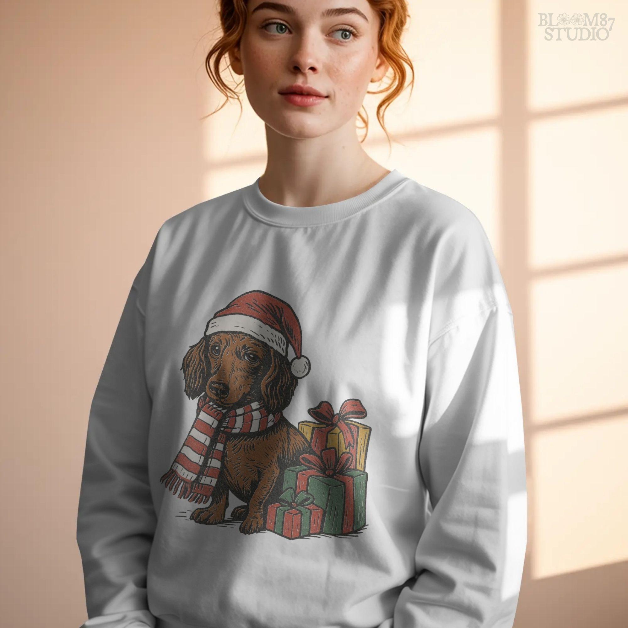 Holiday dachshund illustration wearing Santa hat and scarf with Christmas presents, designed for sublimation projects, t-shirt graphics, and holiday mugs.