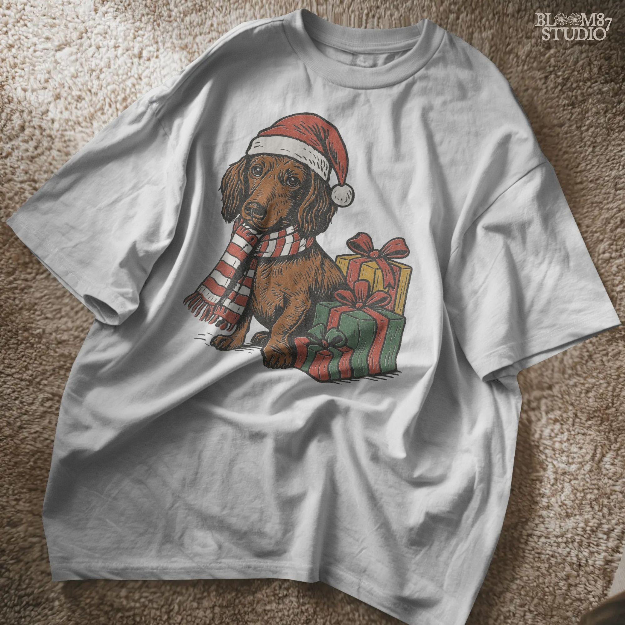 Christmas dog PNG showing dachshund in winter holiday outfit with gifts, perfect for Christmas sublimation, pet holiday art, and festive dog lover gifts.