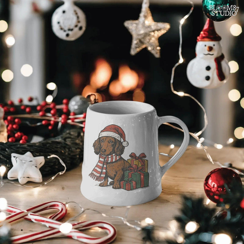 Festive dachshund dog wearing Christmas accessories, surrounded by presents, great for holiday crafts, sublimation shirts, mugs, and digital designs.