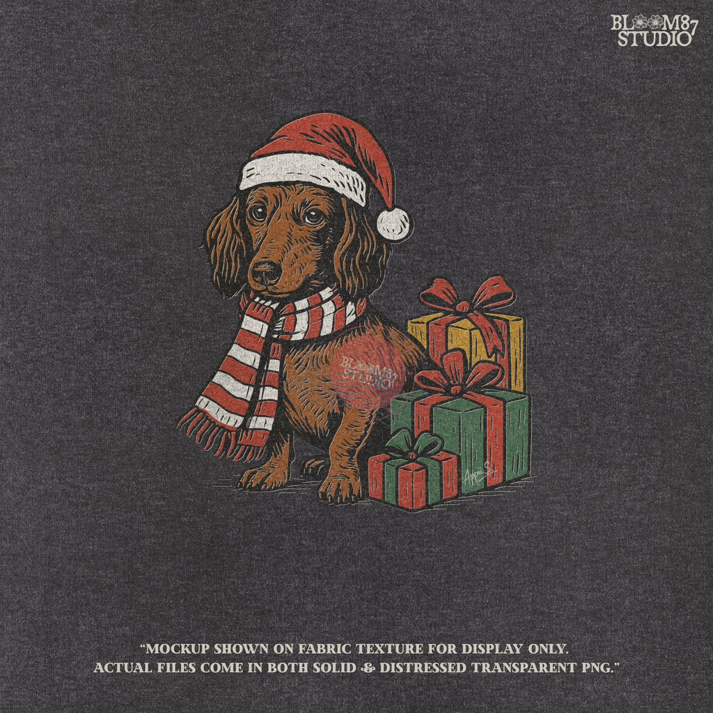 Cute Christmas dog graphic featuring a dachshund in Santa hat with holiday gifts, great for Christmas sublimation designs, festive apparel, and holiday decorations for dog lovers.