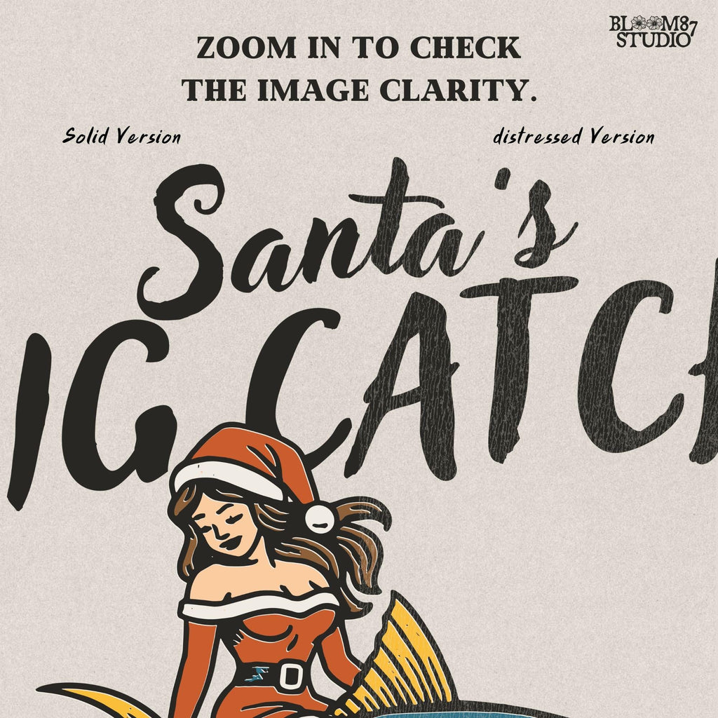 Retro Christmas fishing clipart featuring Santa girl on a tuna fish. This Santa’s Big Catch PNG is ideal for holiday sublimation shirts, mugs, tumblers, and personalized fisherman gifts. Transparent background for easy use in digital crafts, apparel design, and coastal Christmas decor. Funny and unique fishing-themed holiday design for anglers.