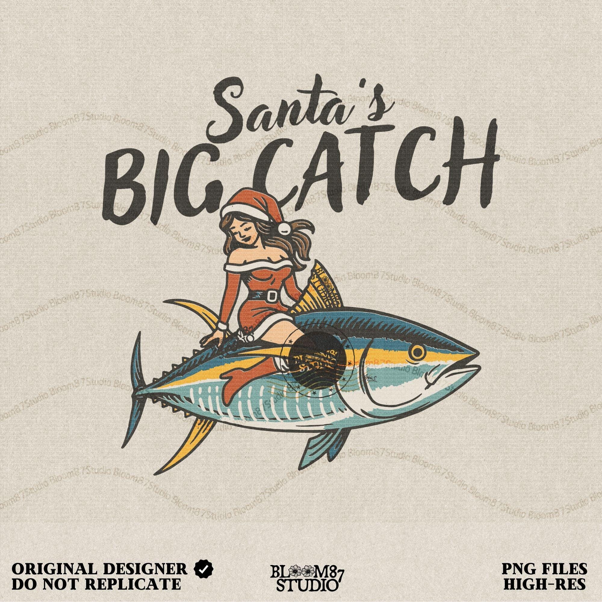 Christmas fishing PNG artwork featuring Santa’s Big Catch. Retro Santa girl in festive outfit rides a large tuna fish, ideal for sublimation projects like Christmas shirts, mugs, sweatshirts, and fisherman gifts. High-resolution digital file with transparent background, perfect for coastal Christmas decor, angler apparel, and seasonal crafting projects. Unique holiday fishing clipart for DIY gifts.