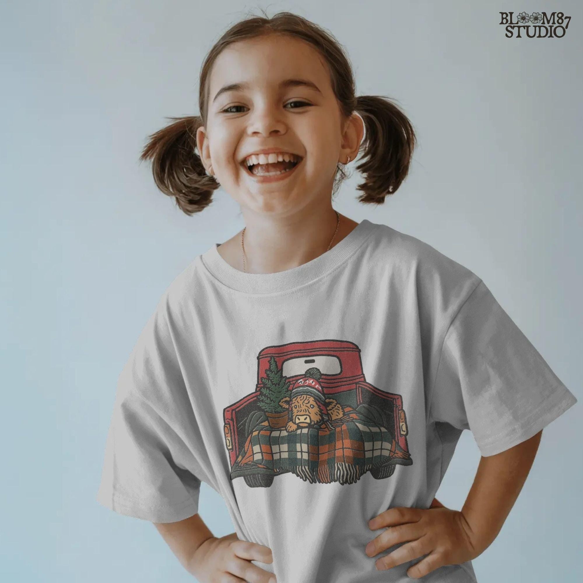 Cute Highland cow Christmas clipart with festive hat inside a red truck. Cow lies on plaid blanket beside pine tree, making it a cozy rustic holiday design. Perfect for sublimation on shirts, mugs, tumblers, or farmhouse Christmas decor. PNG format with transparent background.