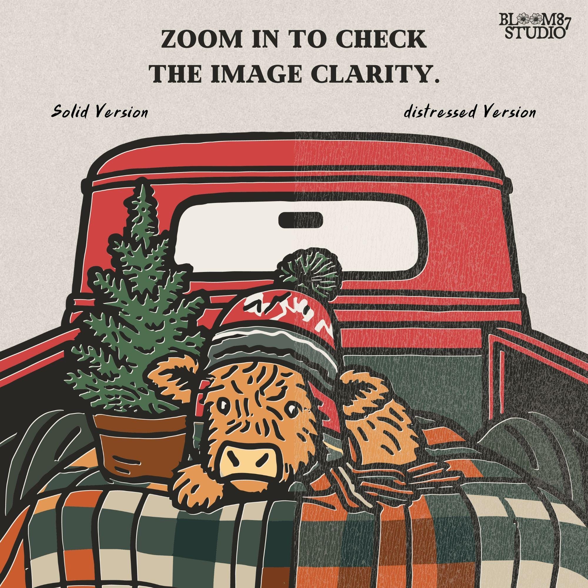 Rustic farmhouse Christmas PNG artwork with Highland cow in a red truck bed. Cow wears winter hat, lies on plaid blanket next to a pine tree. Great sublimation design for Christmas shirts, mugs, tumblers, and seasonal home decor. Transparent PNG file ensures versatile crafting.