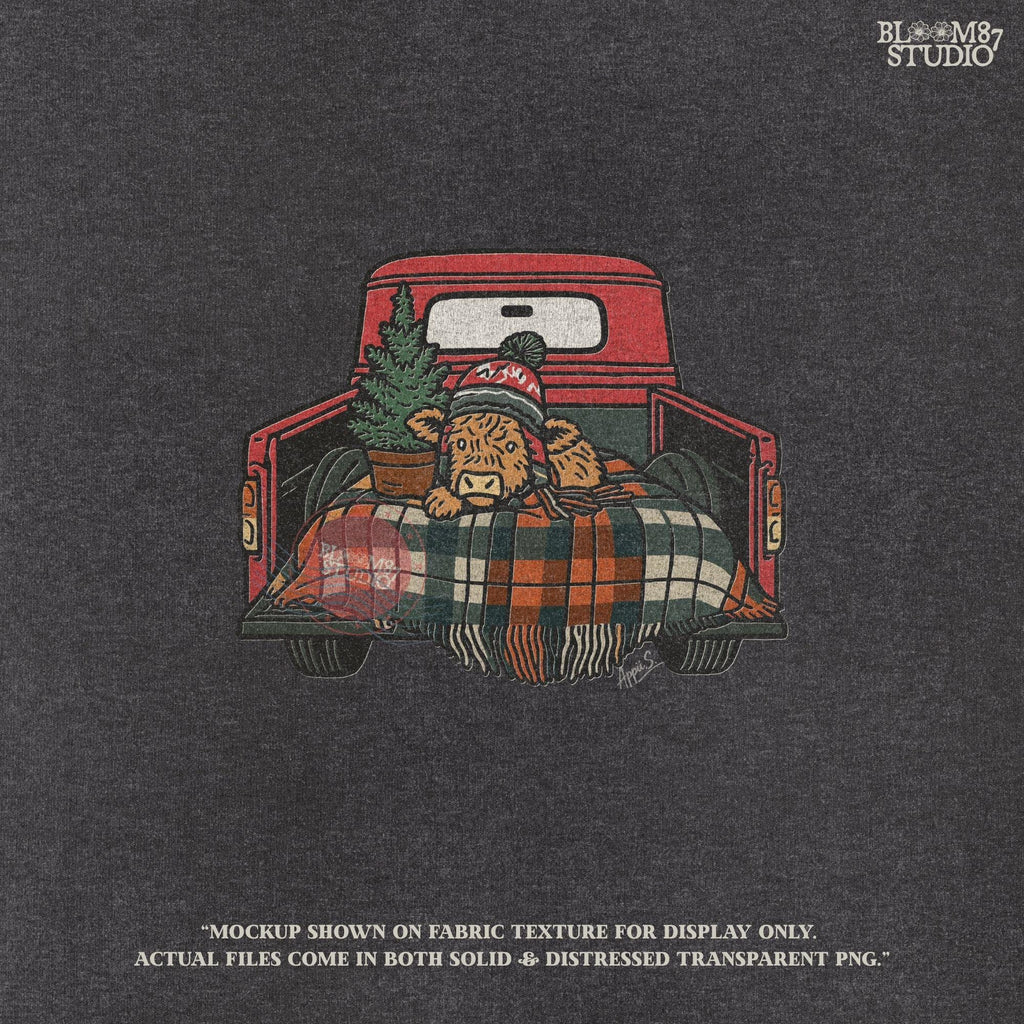 Festive Highland cow Christmas clipart showing a cow with knit hat in the back of a red truck. Wrapped in a plaid blanket with a small tree, this PNG is ideal for sublimation on shirts, mugs, ornaments, and farmhouse holiday gifts. Perfect rustic Christmas cow design for festive DIY crafts.