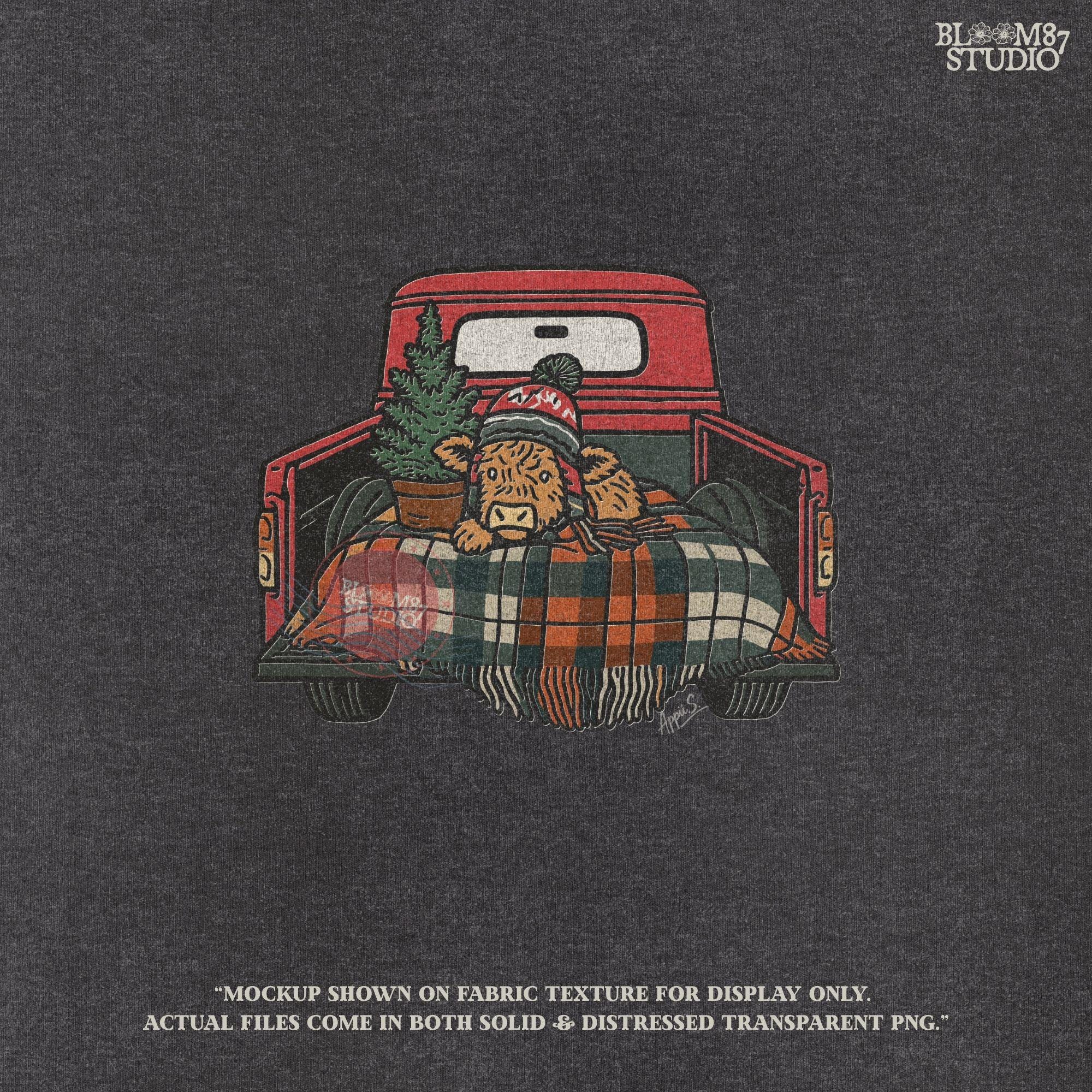 Festive Highland cow Christmas clipart showing a cow with knit hat in the back of a red truck. Wrapped in a plaid blanket with a small tree, this PNG is ideal for sublimation on shirts, mugs, ornaments, and farmhouse holiday gifts. Perfect rustic Christmas cow design for festive DIY crafts.