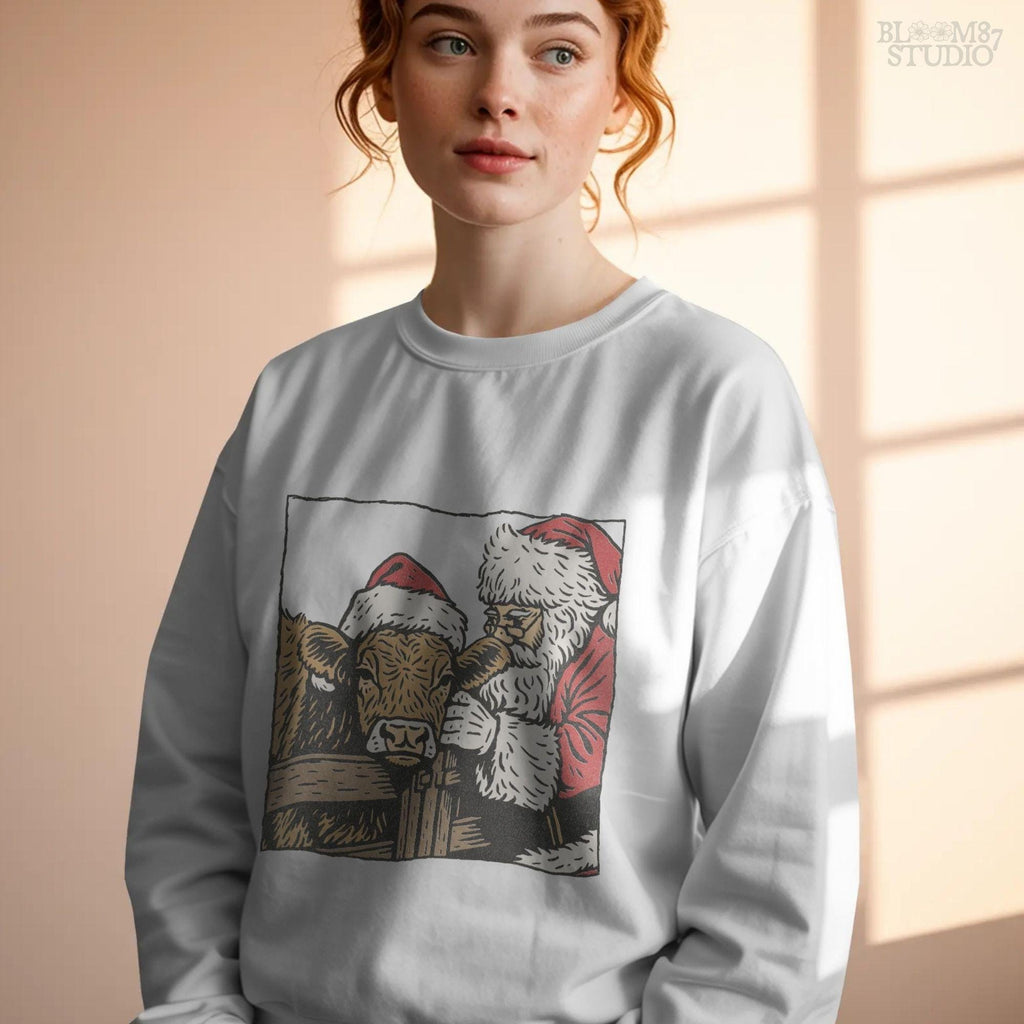 Rustic Christmas Farmhouse PNG featuring Santa and cow in festive hats. Use this design for sublimation on shirts, mugs, tumblers, or rustic home decor projects. Transparent background for easy layering in digital crafts.