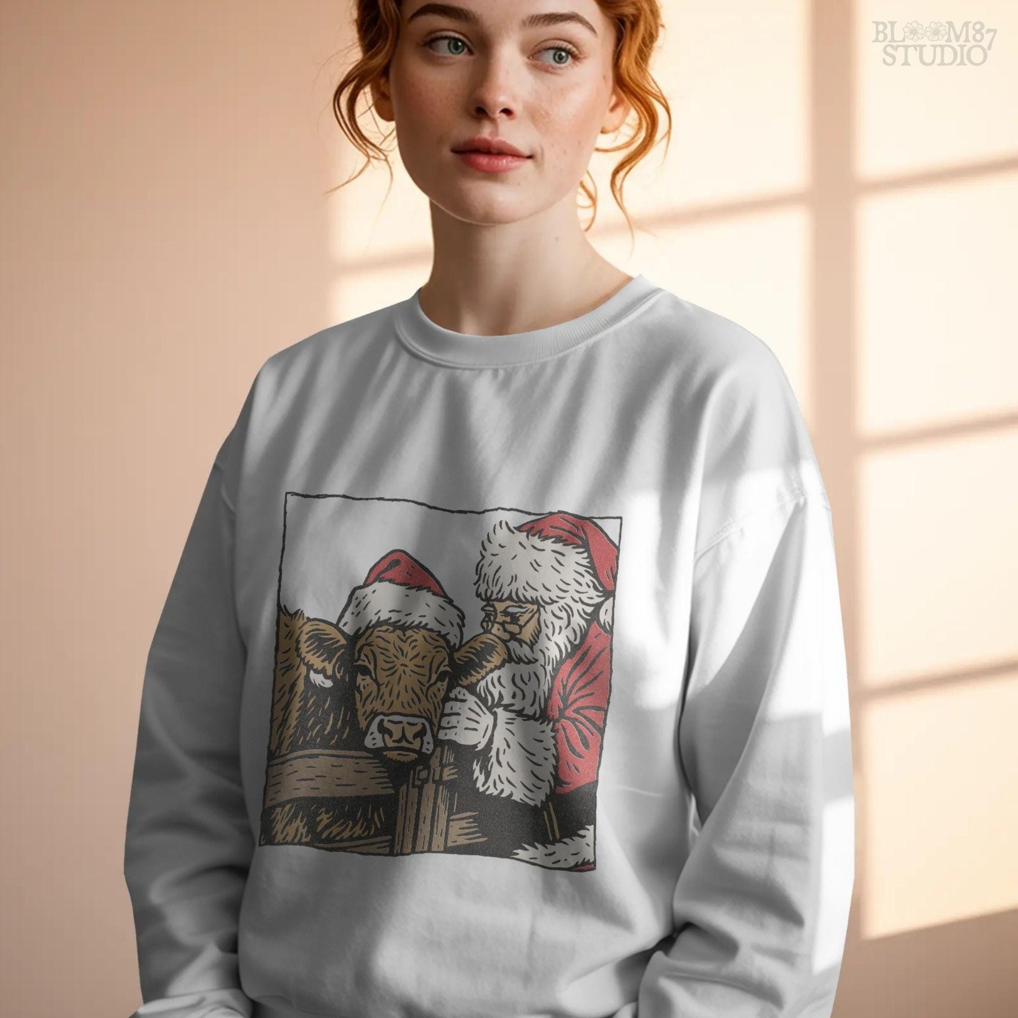 Rustic Christmas Farmhouse PNG featuring Santa and cow in festive hats. Use this design for sublimation on shirts, mugs, tumblers, or rustic home decor projects. Transparent background for easy layering in digital crafts.