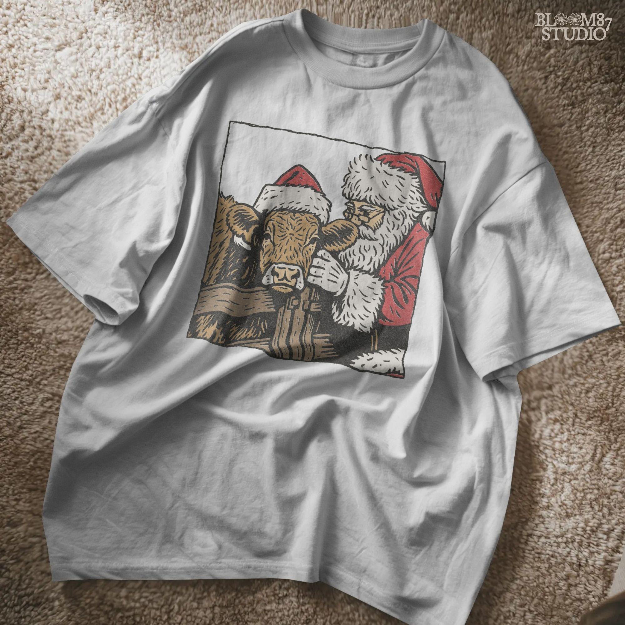 Santa Claus with cow Christmas farmhouse artwork. Rustic sublimation PNG for farmhouse holiday shirts, mugs, tumblers, and unique seasonal gifts. Perfect for DIY crafters wanting warm, country-inspired Christmas designs.