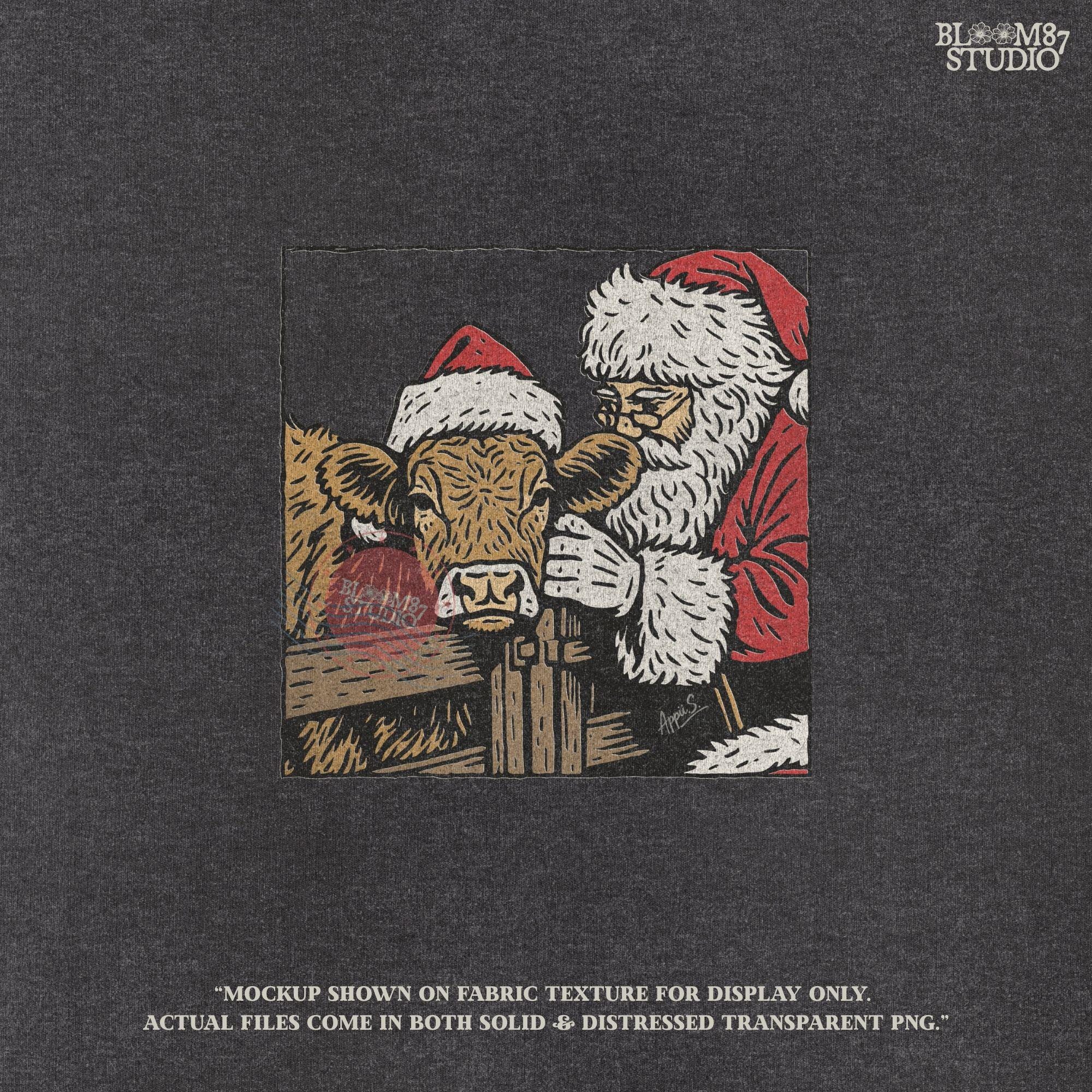 Rustic farmhouse Christmas clipart showing Santa Claus beside a cow. Perfect sublimation design for holiday shirts, mugs, tumblers, and festive gifts. Unique farm-style Christmas artwork that adds warmth to rustic decor and handmade projects.