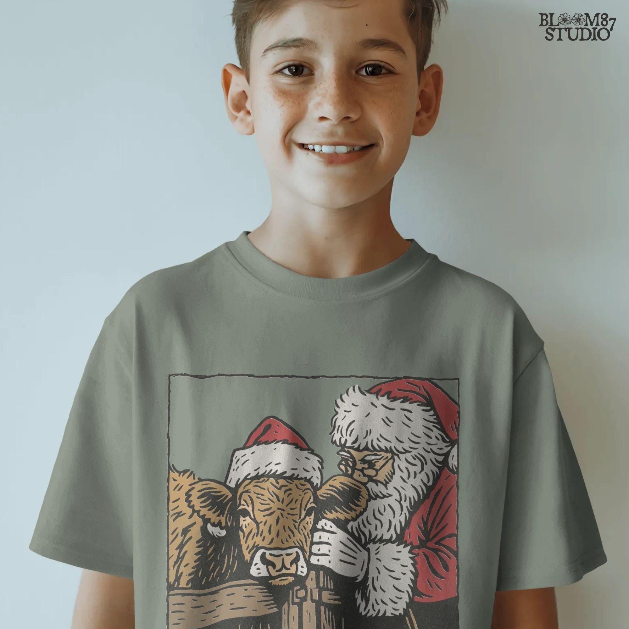 Farmhouse Christmas clipart featuring Santa Claus with a festive cow. Use this sublimation PNG for rustic shirts, mugs, tumblers, ornaments, and farmhouse home decor. Perfect for adding charm to holiday crafting projects.