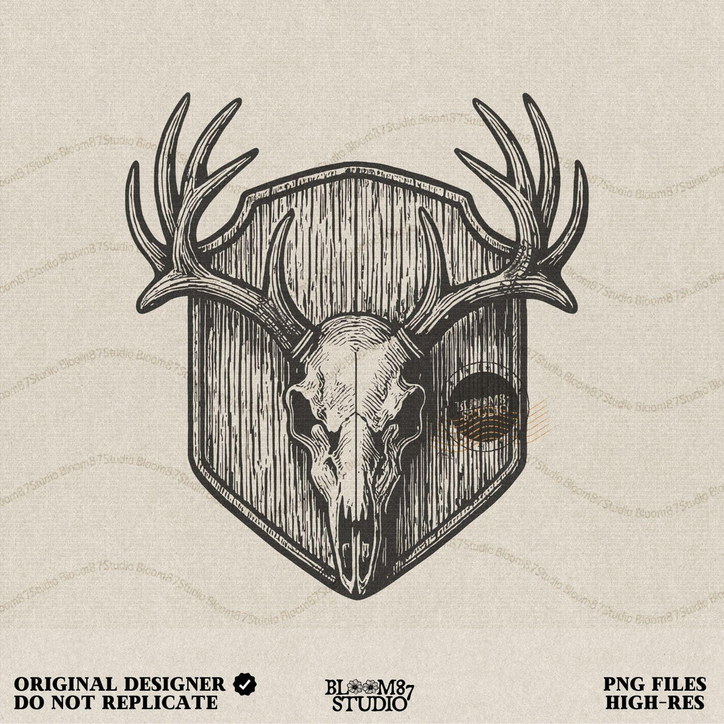Deer Hunting PNG featuring rustic deer skull with antlers on wood-textured shield. Perfect sublimation design for hunting shirts, mugs, tumblers, and outdoor-themed gifts. Transparent background makes it easy for hunting season crafts.