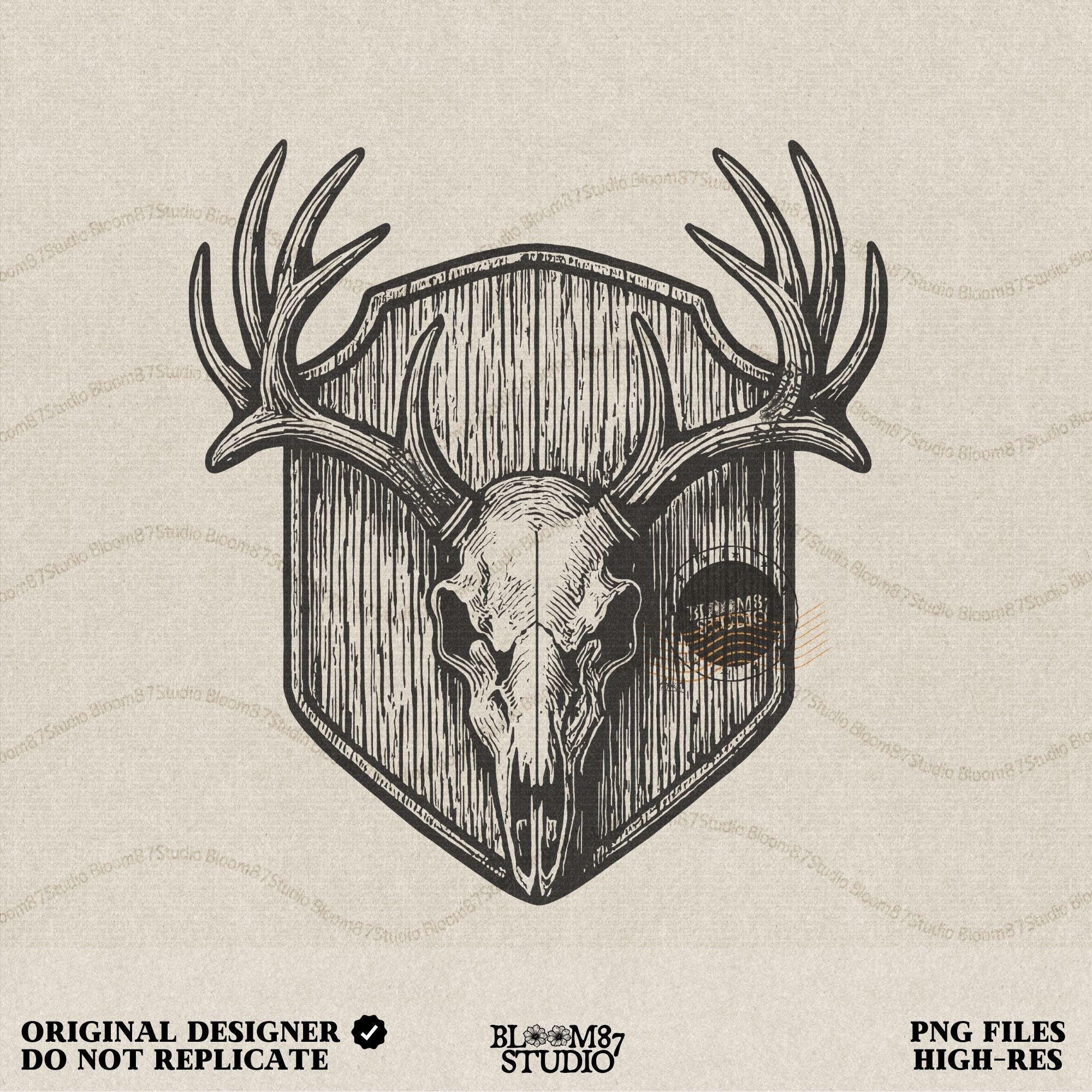 Deer Hunting PNG featuring rustic deer skull with antlers on wood-textured shield. Perfect sublimation design for hunting shirts, mugs, tumblers, and outdoor-themed gifts. Transparent background makes it easy for hunting season crafts.