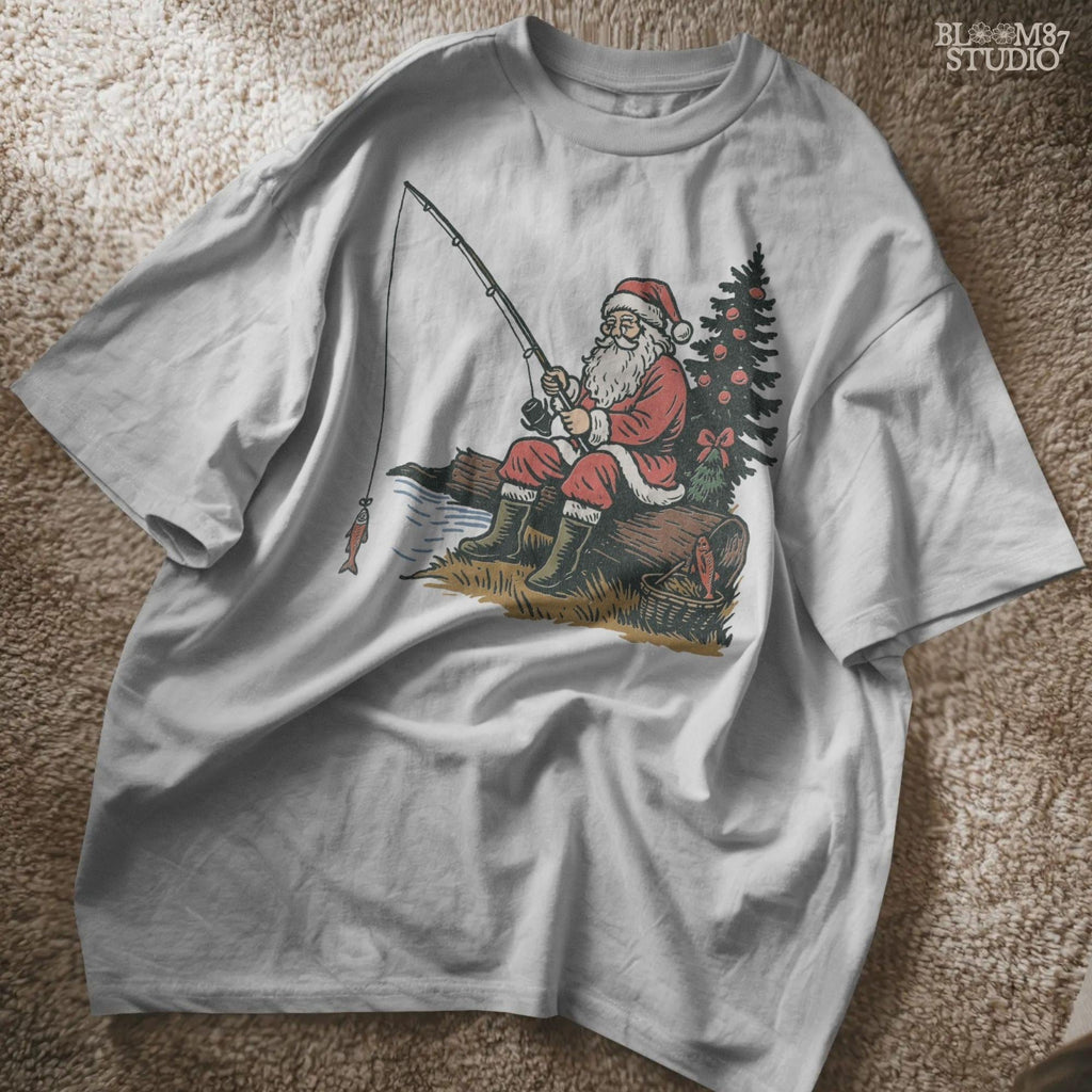 Solid Version: "Santa Claus in red suit sitting on a log fishing near Christmas tree with ornaments, festive PNG sublimation design for crafts and gifts"
Distressed Version: "Vintage distressed PNG of Santa fishing by a decorated Christmas tree, rustic sublimation design for holiday shirts, mugs, and ornaments"