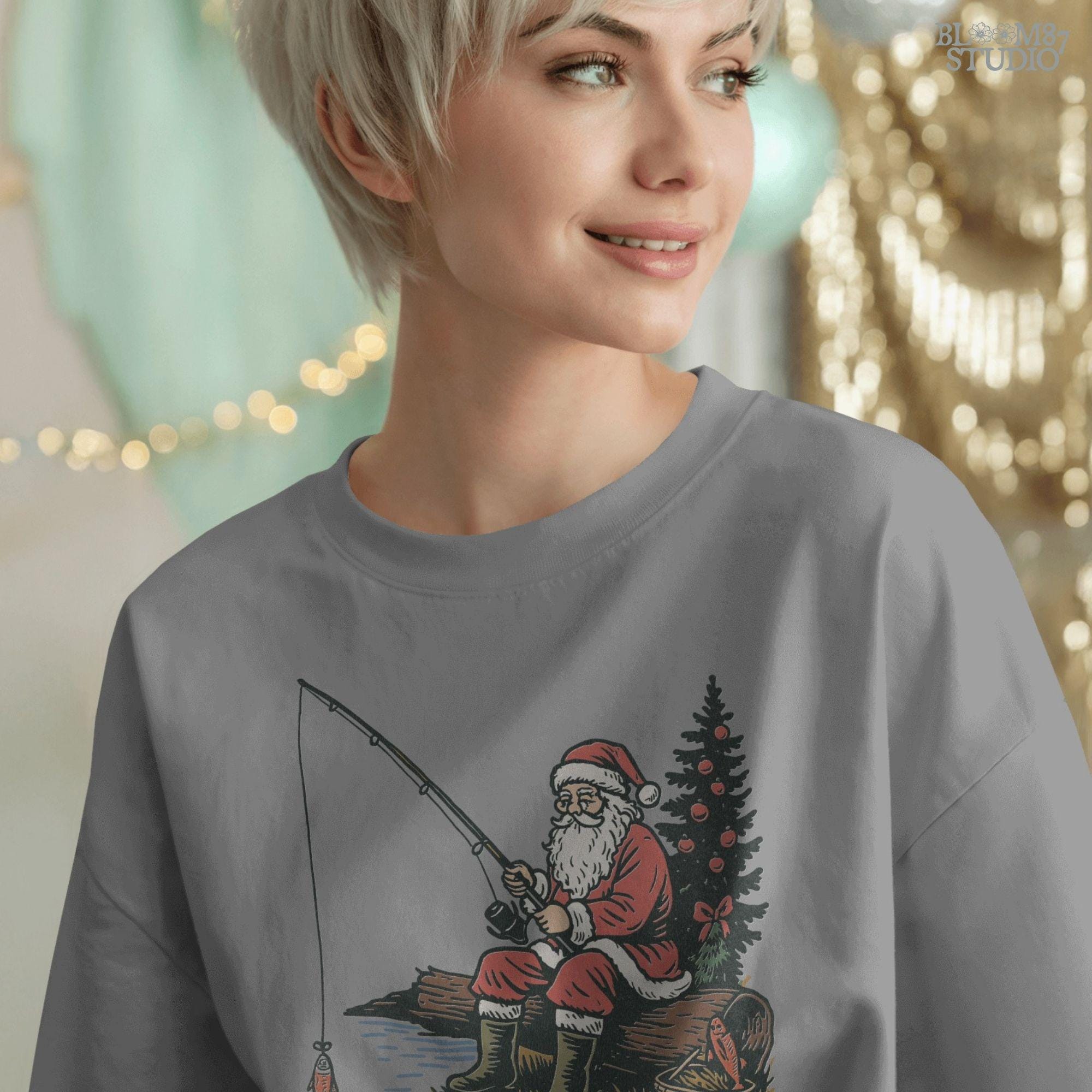 Solid Version: "Santa Claus in red suit sitting on a log fishing near Christmas tree with ornaments, festive PNG sublimation design for crafts and gifts"
Distressed Version: "Vintage distressed PNG of Santa fishing by a decorated Christmas tree, rustic sublimation design for holiday shirts, mugs, and ornaments"