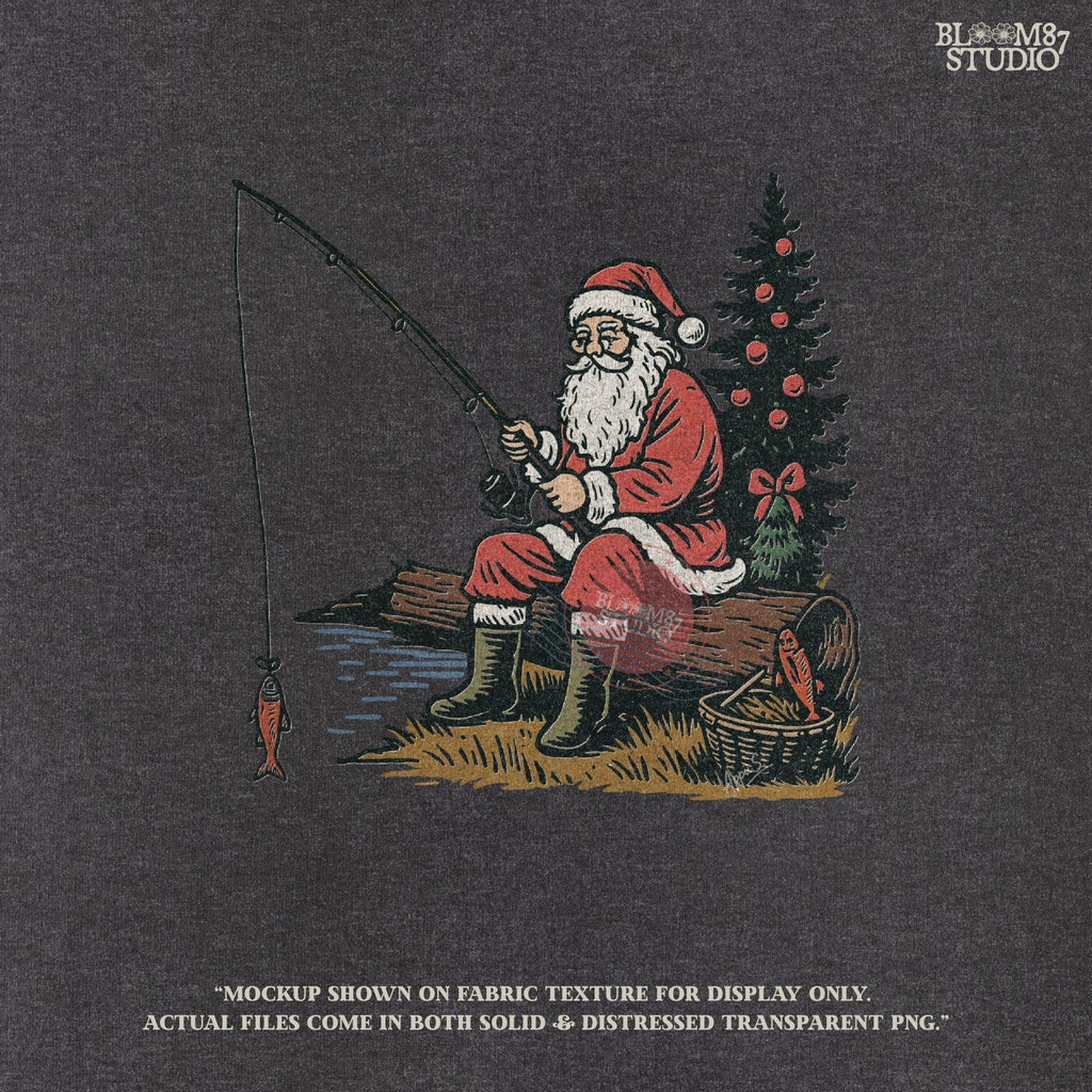 Solid Version: "Santa Claus in red suit sitting on a log fishing near Christmas tree with ornaments, festive PNG sublimation design for crafts and gifts"
Distressed Version: "Vintage distressed PNG of Santa fishing by a decorated Christmas tree, rustic sublimation design for holiday shirts, mugs, and ornaments"