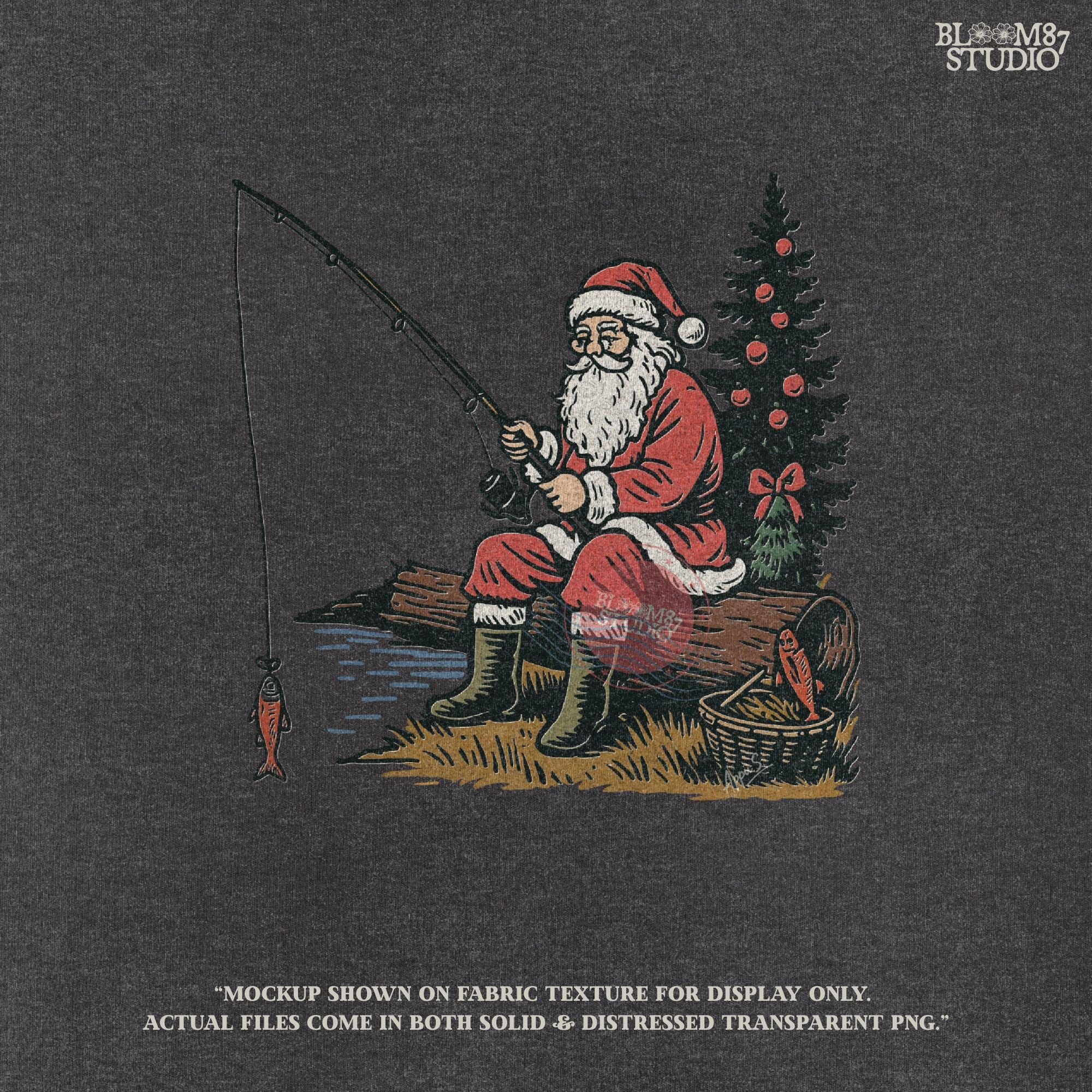 Solid Version: "Santa Claus in red suit sitting on a log fishing near Christmas tree with ornaments, festive PNG sublimation design for crafts and gifts"
Distressed Version: "Vintage distressed PNG of Santa fishing by a decorated Christmas tree, rustic sublimation design for holiday shirts, mugs, and ornaments"