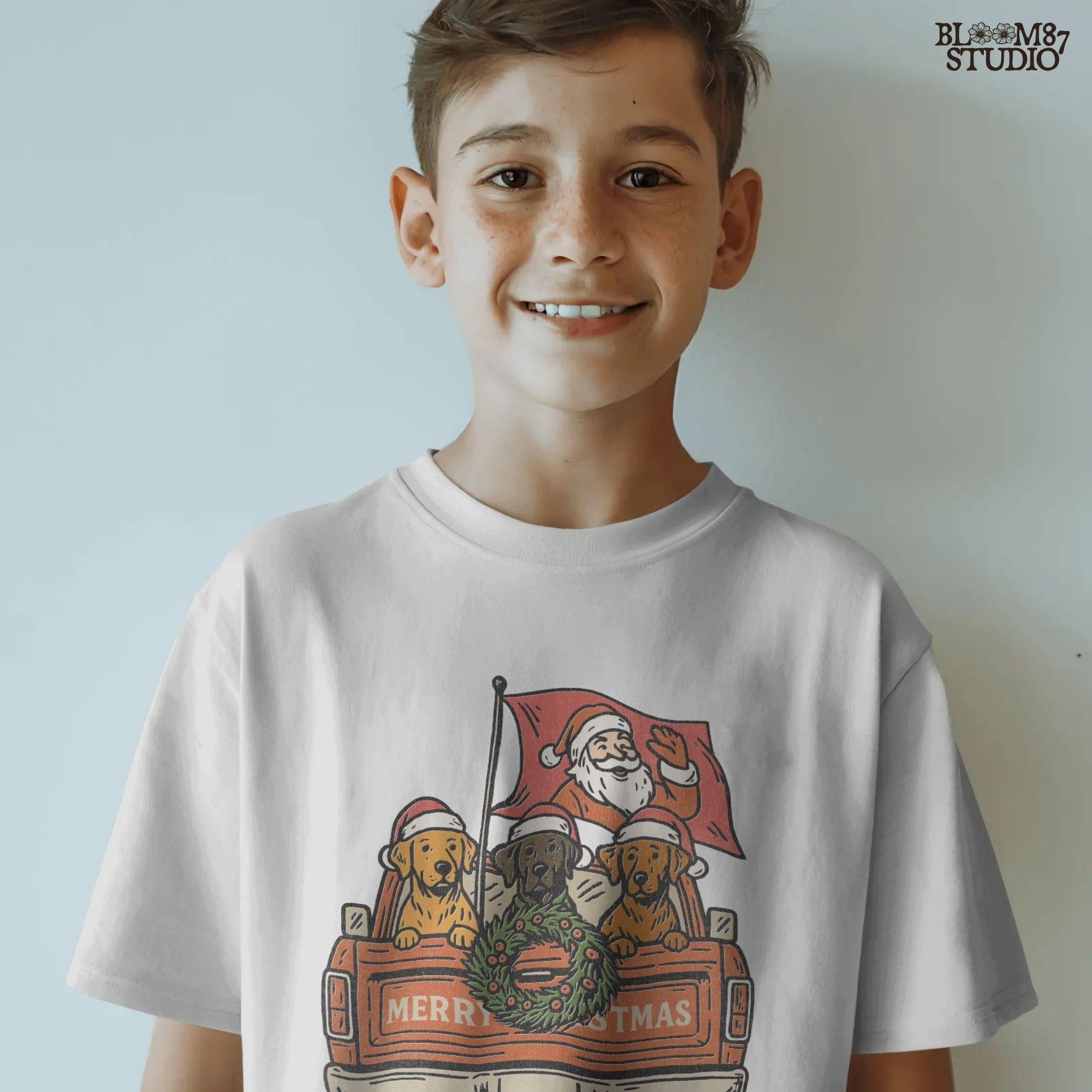 Solid Version: "Santa Claus waving from red pickup truck with three dogs in Santa hats and Christmas wreath on tailgate, festive PNG sublimation design"
Distressed Version: "Vintage distressed PNG of Santa with dogs in holiday pickup truck decorated with Christmas wreath, rustic sublimation design for shirts and mugs"