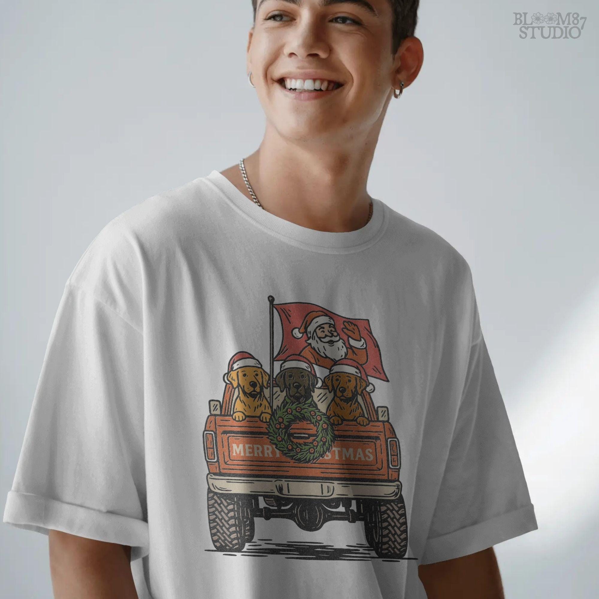 Solid Version: "Santa Claus waving from red pickup truck with three dogs in Santa hats and Christmas wreath on tailgate, festive PNG sublimation design"
Distressed Version: "Vintage distressed PNG of Santa with dogs in holiday pickup truck decorated with Christmas wreath, rustic sublimation design for shirts and mugs"