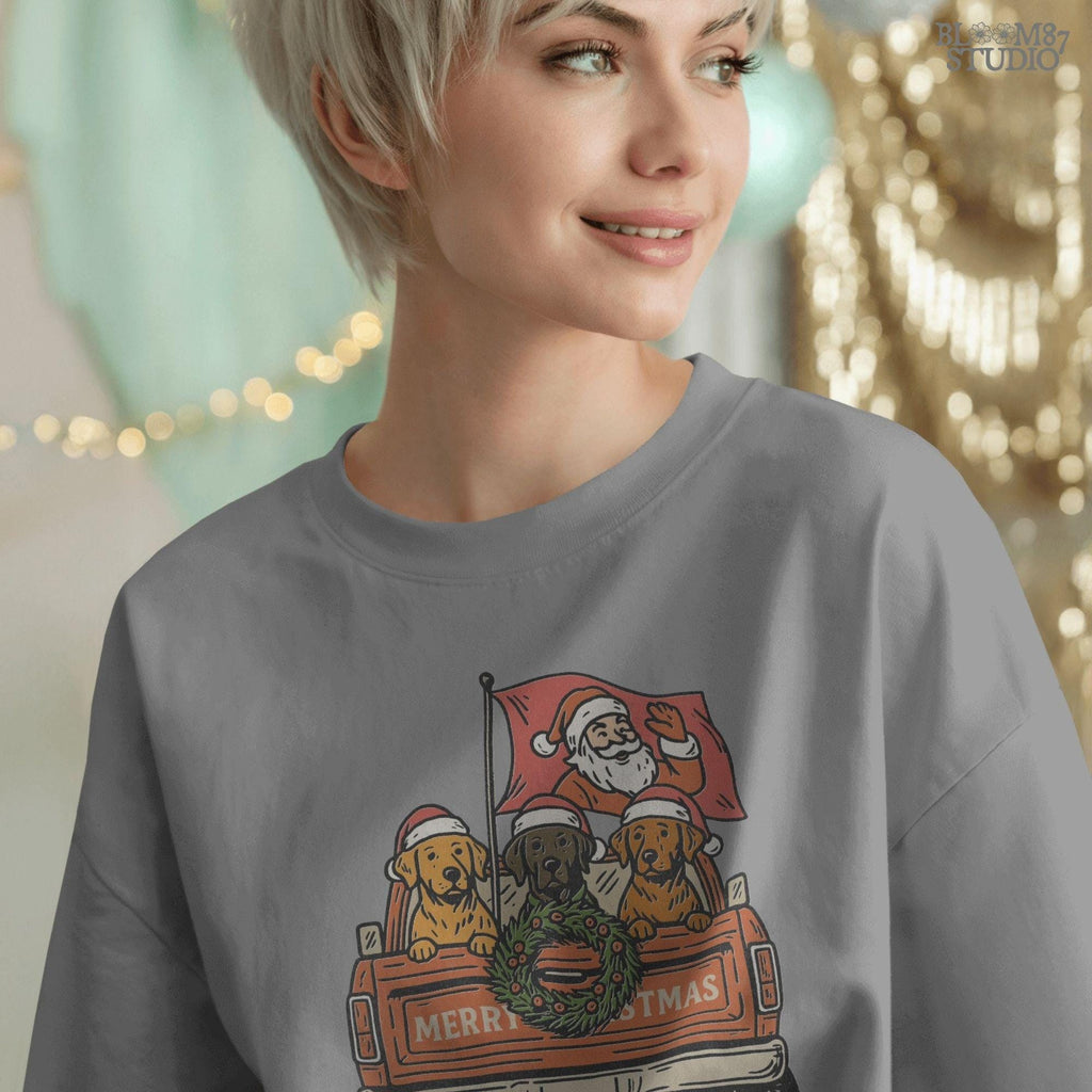 Solid Version: "Santa Claus waving from red pickup truck with three dogs in Santa hats and Christmas wreath on tailgate, festive PNG sublimation design"
Distressed Version: "Vintage distressed PNG of Santa with dogs in holiday pickup truck decorated with Christmas wreath, rustic sublimation design for shirts and mugs"