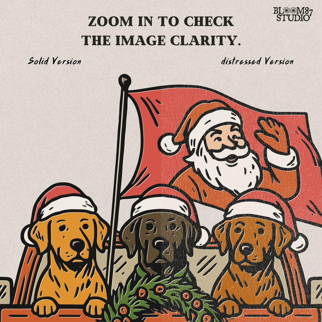 Solid Version: "Santa Claus waving from red pickup truck with three dogs in Santa hats and Christmas wreath on tailgate, festive PNG sublimation design"
Distressed Version: "Vintage distressed PNG of Santa with dogs in holiday pickup truck decorated with Christmas wreath, rustic sublimation design for shirts and mugs"