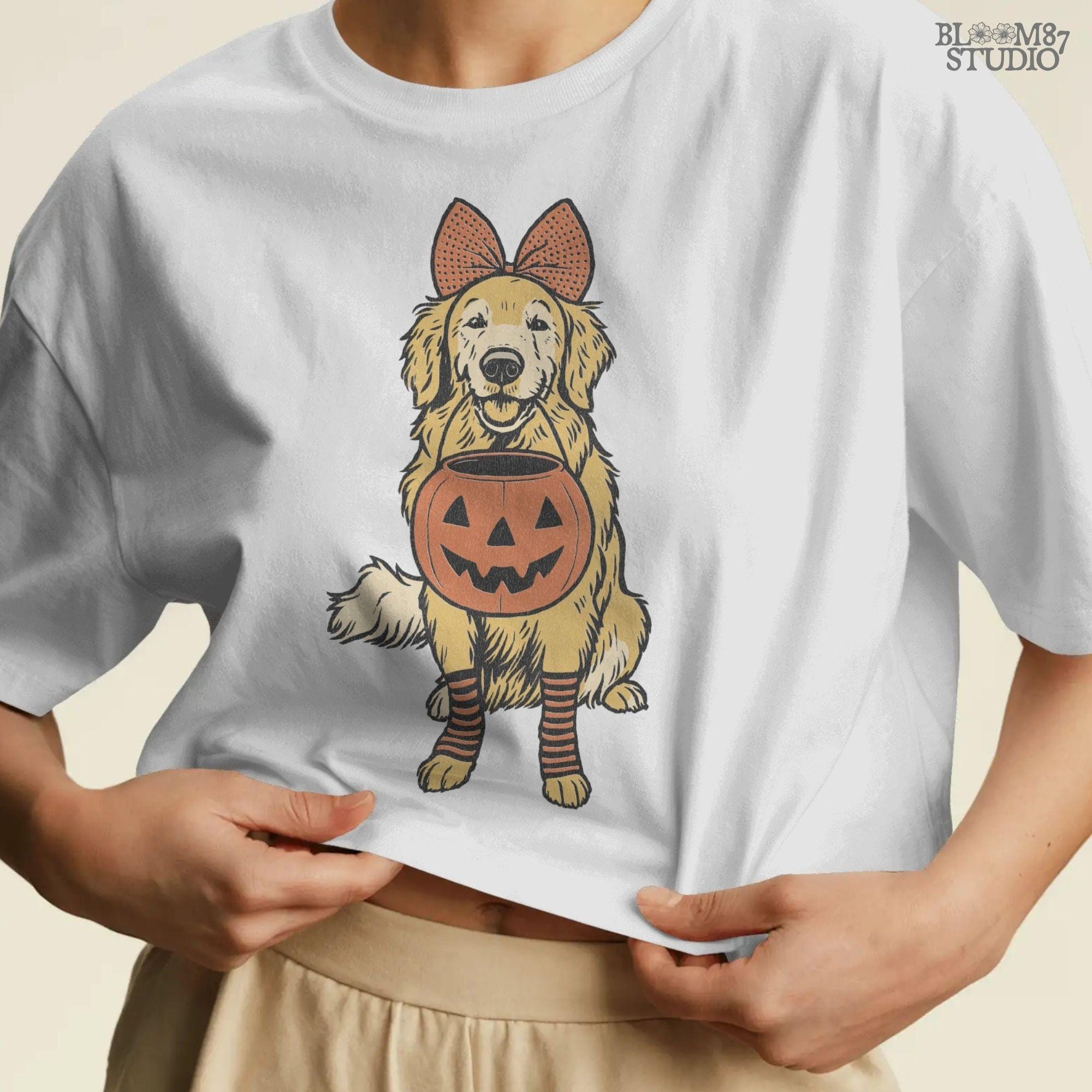 Solid version: "Golden retriever holding pumpkin basket, Halloween sublimation PNG design with bow and striped socks, solid style"

Distressed version: "Golden retriever Halloween dog with pumpkin basket, sublimation PNG design, vintage distressed version"