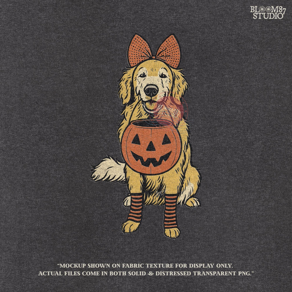 Solid version: "Golden retriever holding pumpkin basket, Halloween sublimation PNG design with bow and striped socks, solid style"

Distressed version: "Golden retriever Halloween dog with pumpkin basket, sublimation PNG design, vintage distressed version"