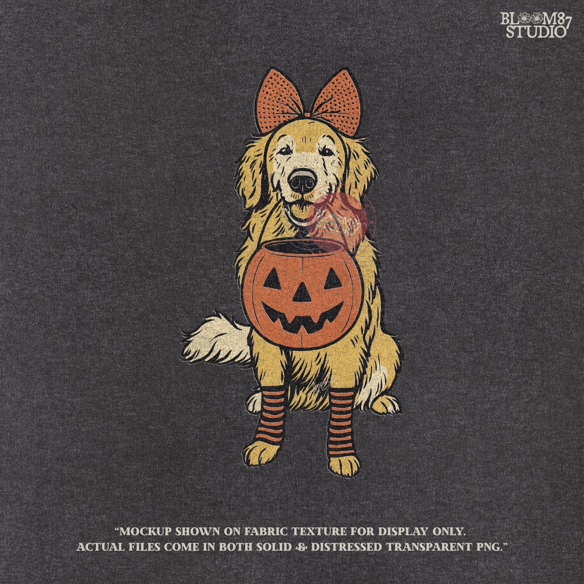 Solid version: "Golden retriever holding pumpkin basket, Halloween sublimation PNG design with bow and striped socks, solid style"

Distressed version: "Golden retriever Halloween dog with pumpkin basket, sublimation PNG design, vintage distressed version"