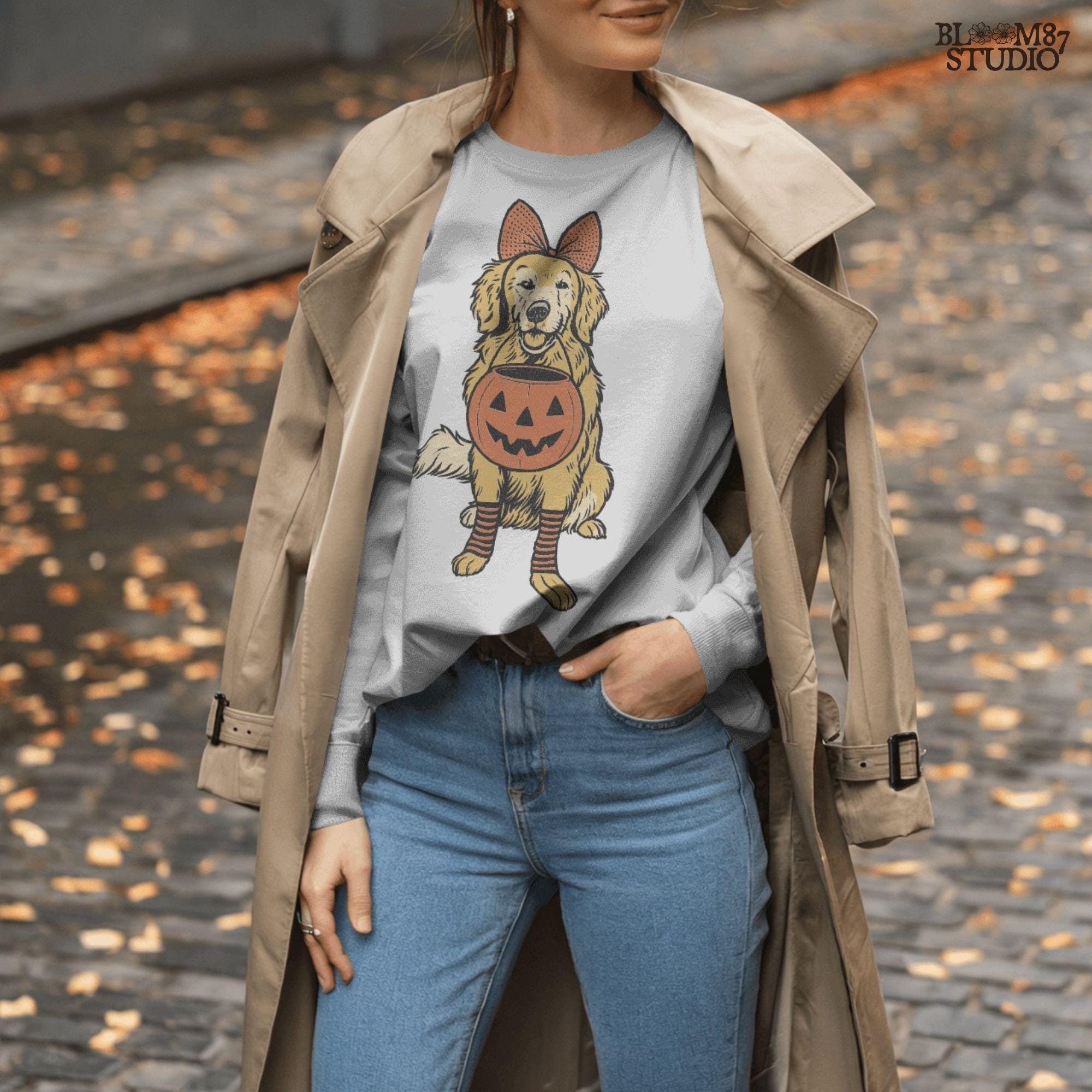 Solid version: "Golden retriever holding pumpkin basket, Halloween sublimation PNG design with bow and striped socks, solid style"

Distressed version: "Golden retriever Halloween dog with pumpkin basket, sublimation PNG design, vintage distressed version"