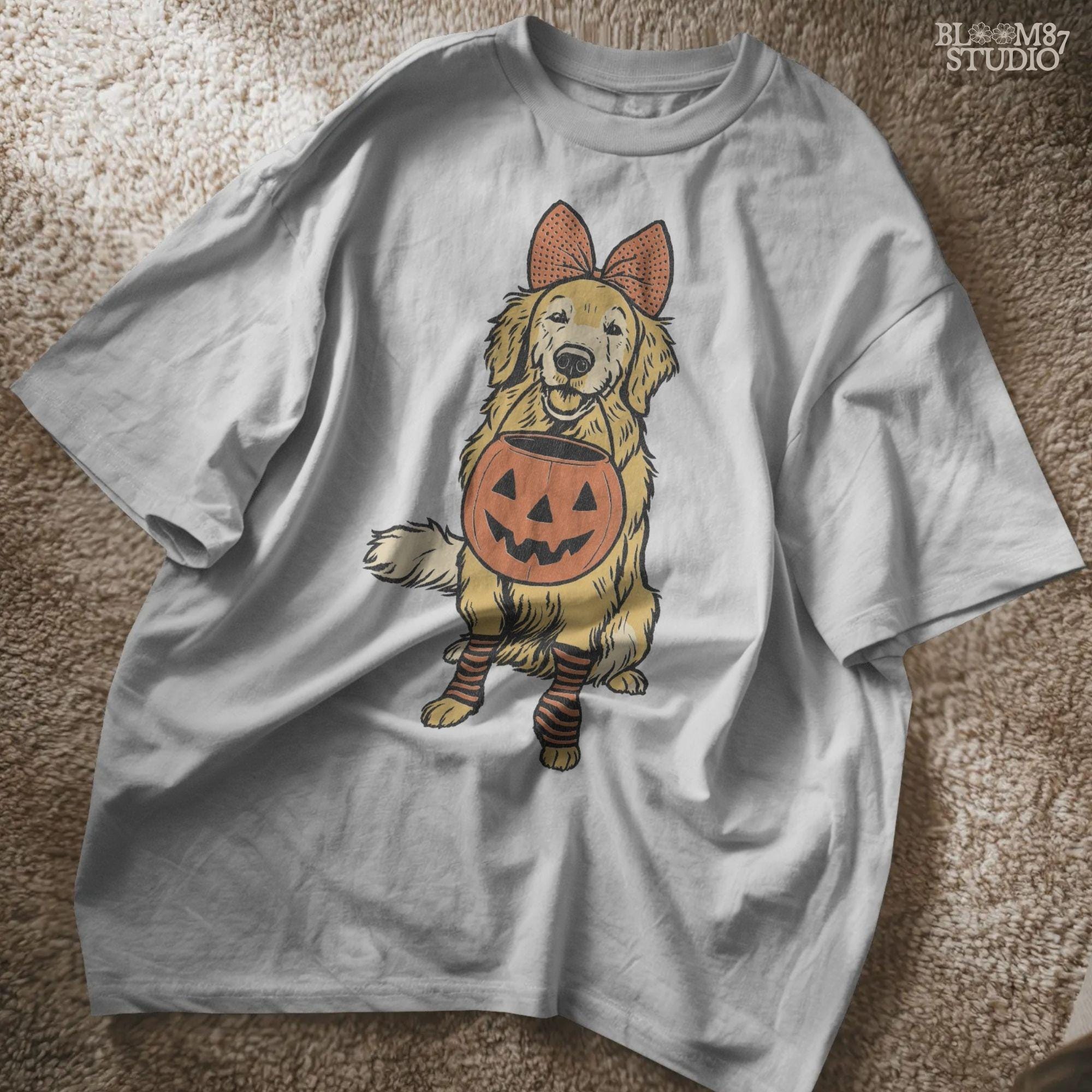 Solid version: "Golden retriever holding pumpkin basket, Halloween sublimation PNG design with bow and striped socks, solid style"

Distressed version: "Golden retriever Halloween dog with pumpkin basket, sublimation PNG design, vintage distressed version"