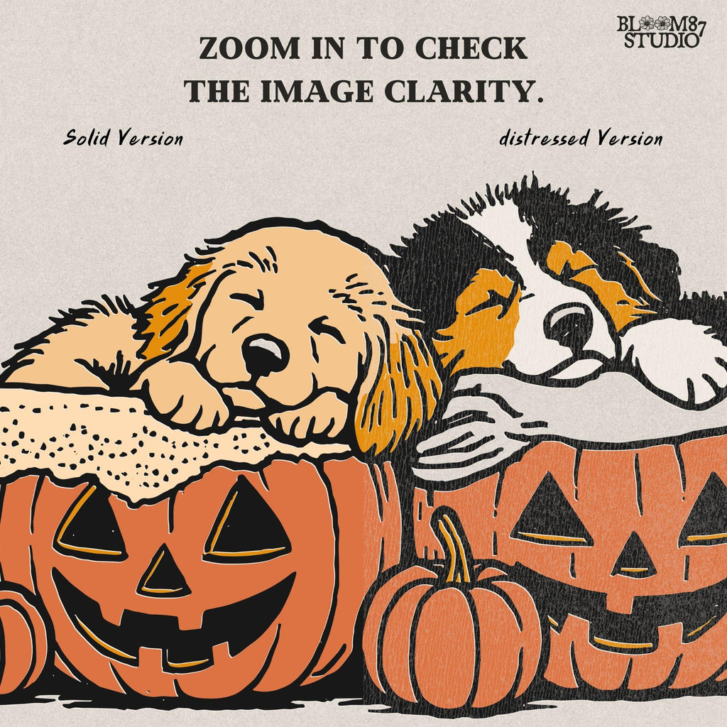 Solid version: "Two puppies sleeping inside jack o lantern pumpkins, Halloween sublimation PNG, cute dog clipart solid version"

Distressed version: "Halloween puppies in carved pumpkins, sublimation PNG design, vintage distressed style clipart"